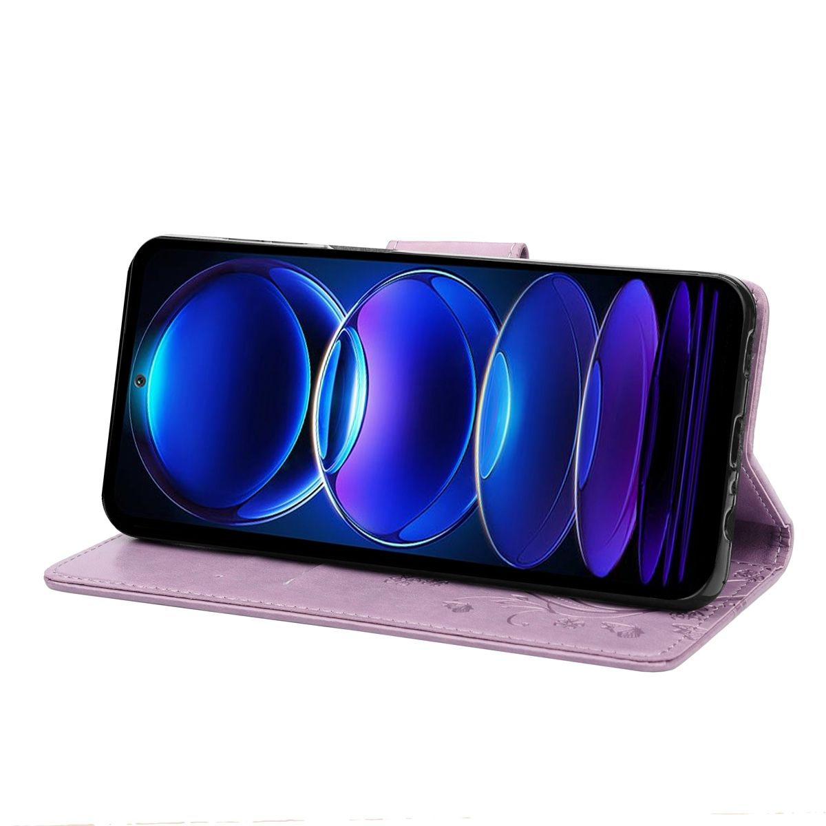 Handyhülle mit floralem Muster, offen und hält ein Telefon mit blauem und violettem abstraktem Design.