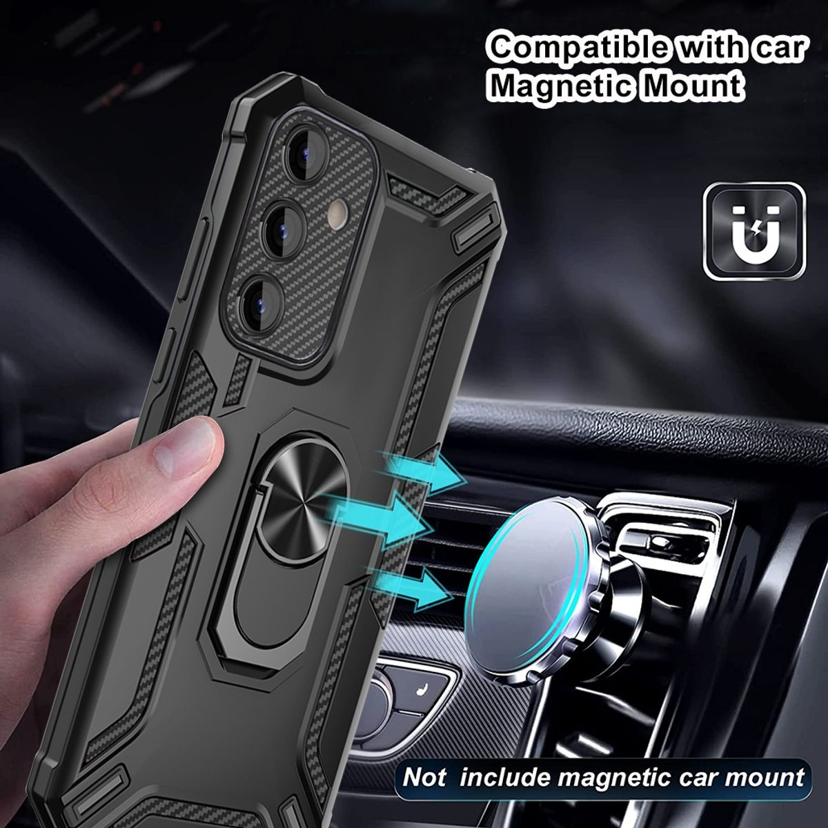 Schwarze Handyhülle mit Ringhalter und Karbonfaserdetails. Magnetische Halterung im Auto.