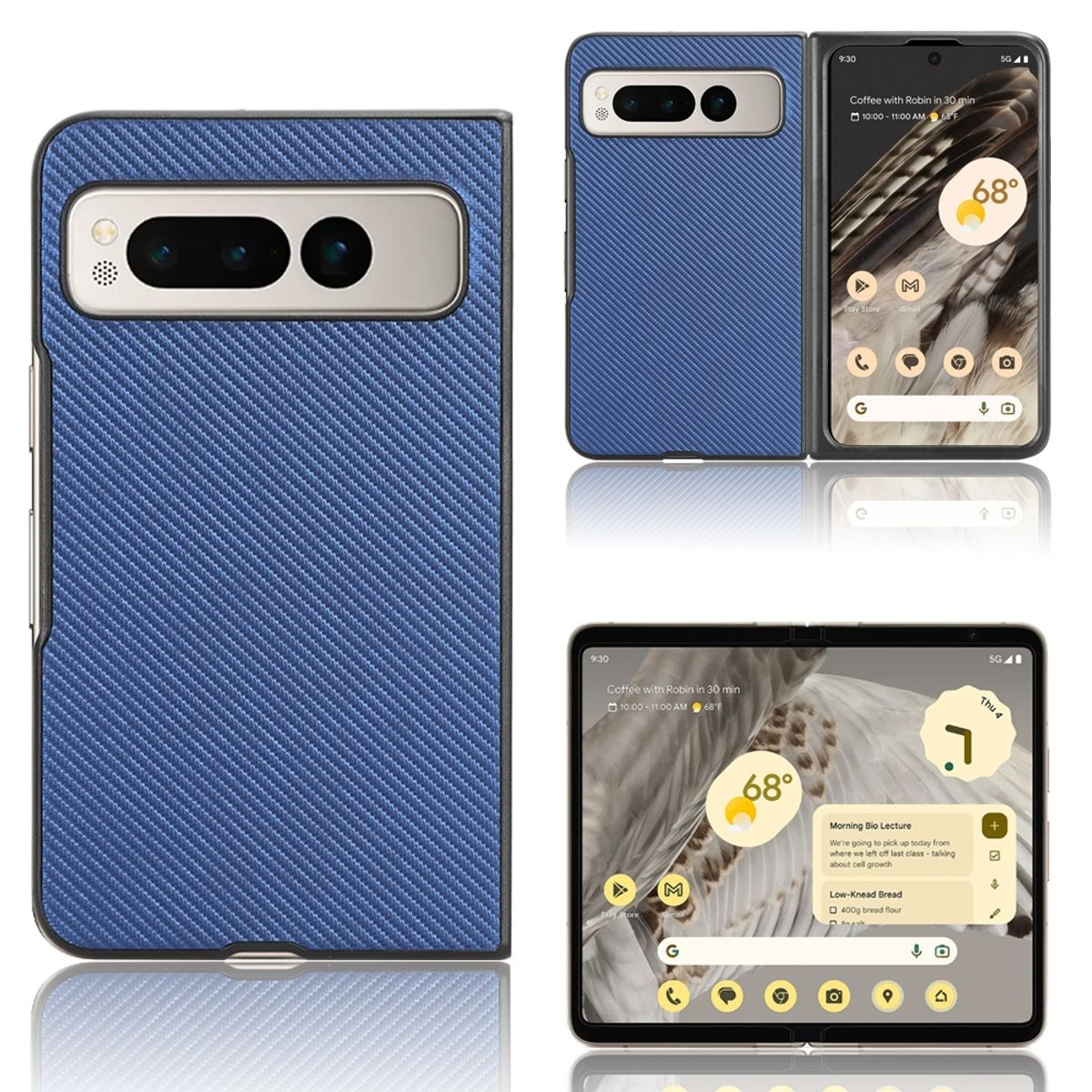 Eine Handyhülle mit blauer Textur wird aus mehreren Winkeln gezeigt, mit geöffnetem und geschlossenem Telefon.