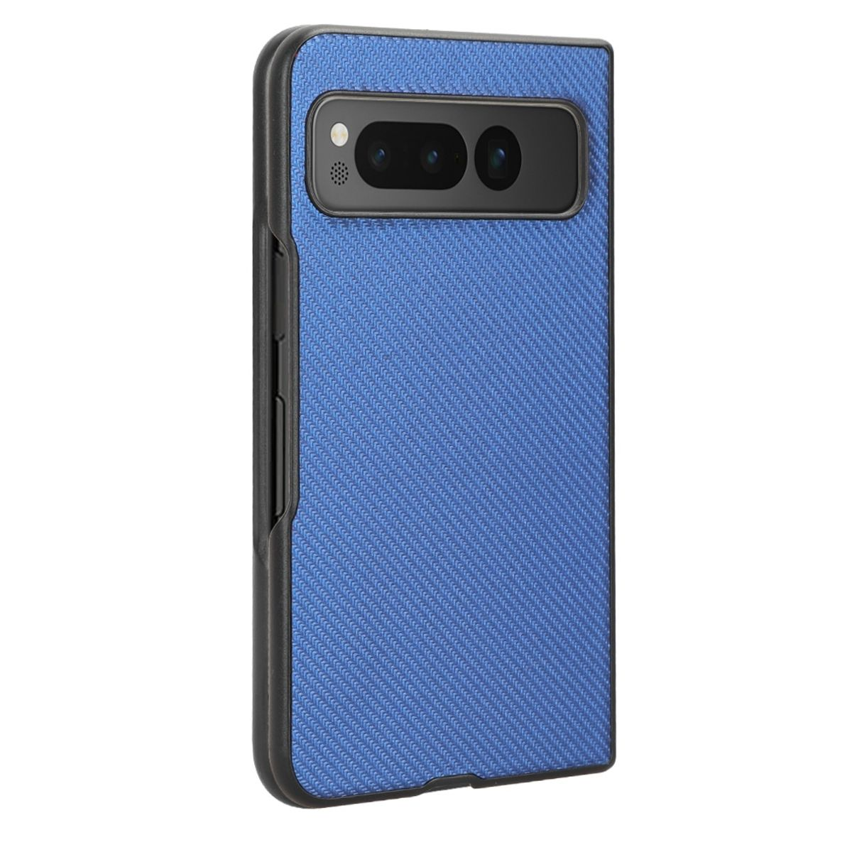 Eine blaue Handyhülle. Die Handyhülle befindet sich auf einem Telefon. Die Handyhülle ist blau und schwarz.