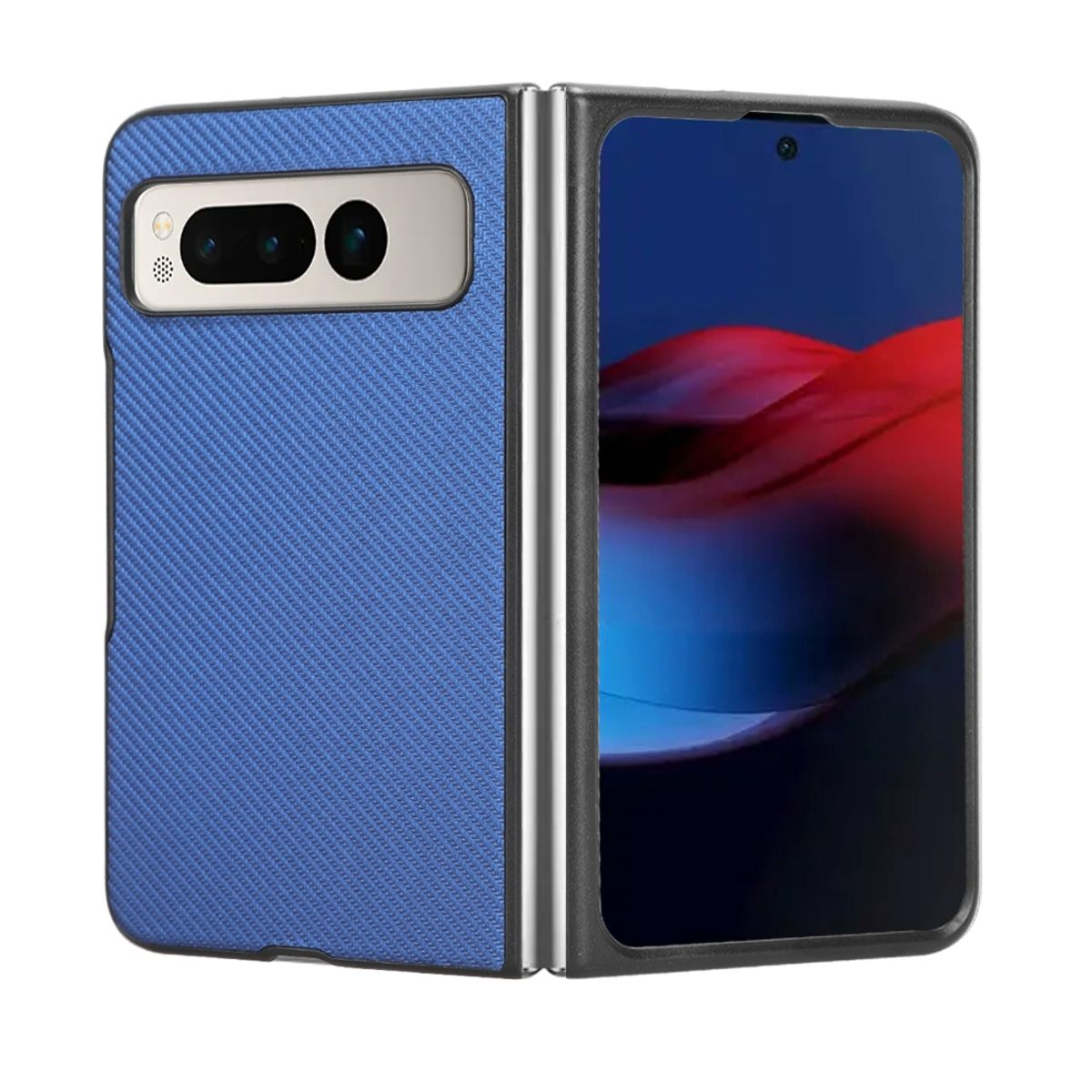 Faltbares Telefon mit blau strukturierter Rückseite und Dual-Kamera. Der Bildschirm zeigt ein rotes Design.