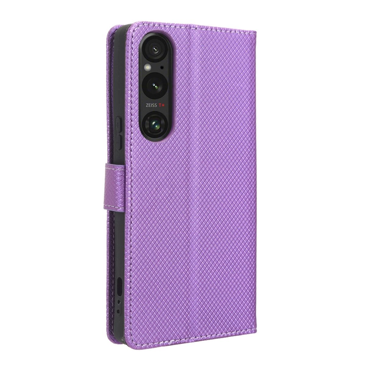 Lila Handyhülle im Brieftaschen-Design.