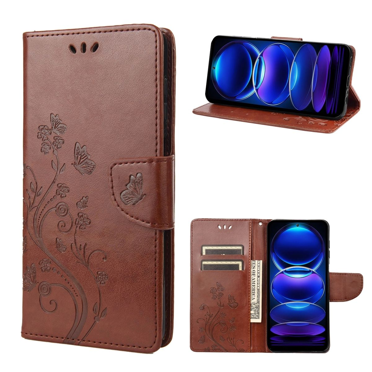 Braune Leder-Handyhülle mit Schmetterlings- und Blumendesign. Geöffnet, zeigt ein Telefon und Karten.