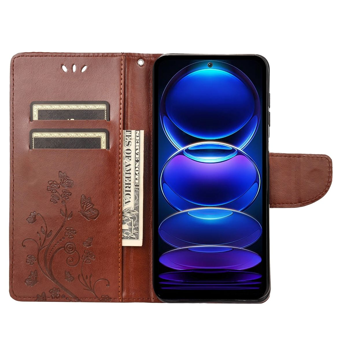 Offene braune Leder-Handyhülle mit Telefon darin. Geldschein und Kartenfächer sind sichtbar. Blumendesign.