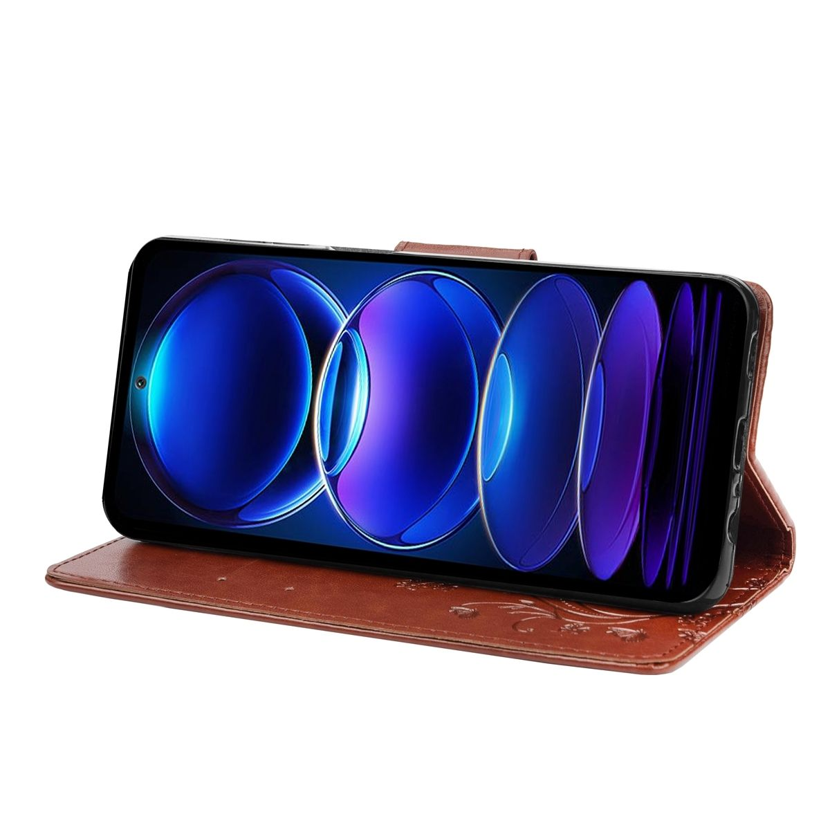 Braune Handyhülle geöffnet, zeigt einen Telefonbildschirm mit einem blau-violetten Bild.