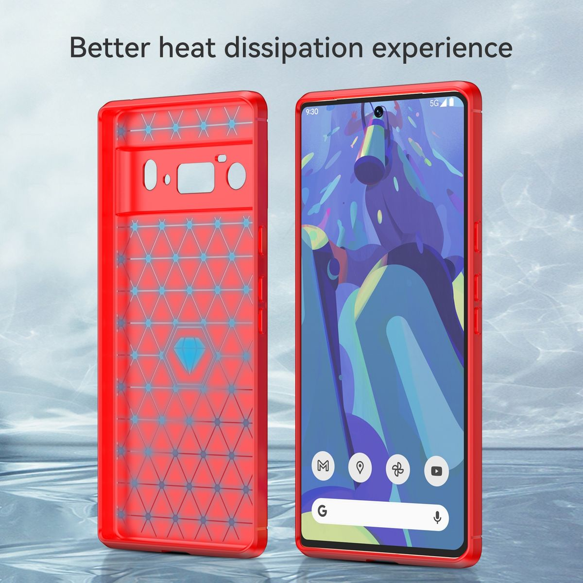 Zwei rote Handyhüllen. Eine zeigt die Innendetails, die andere einen Telefonbildschirm.