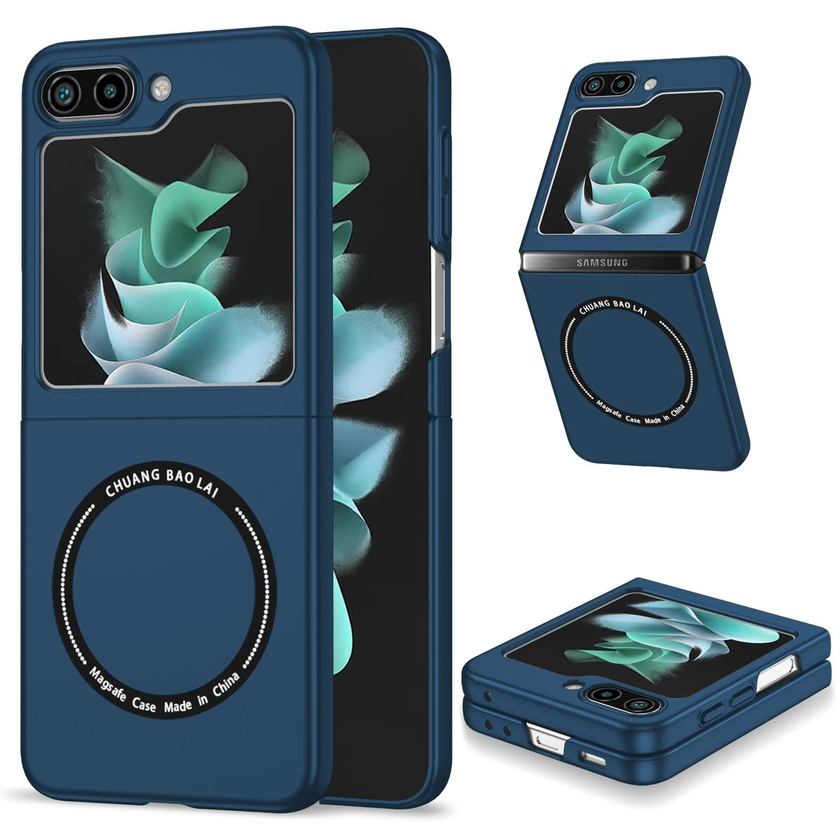 Eine blaue Handyhülle mit einem Magnetkreis. Es ist in drei Winkeln geöffnet, mit einem Telefon im Inneren.
