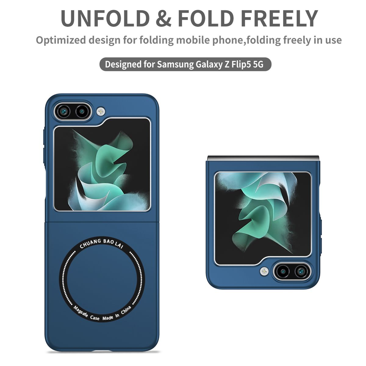 Blaue Handyhülle für ein faltbares Telefon. Das Telefon ist offen und geschlossen.