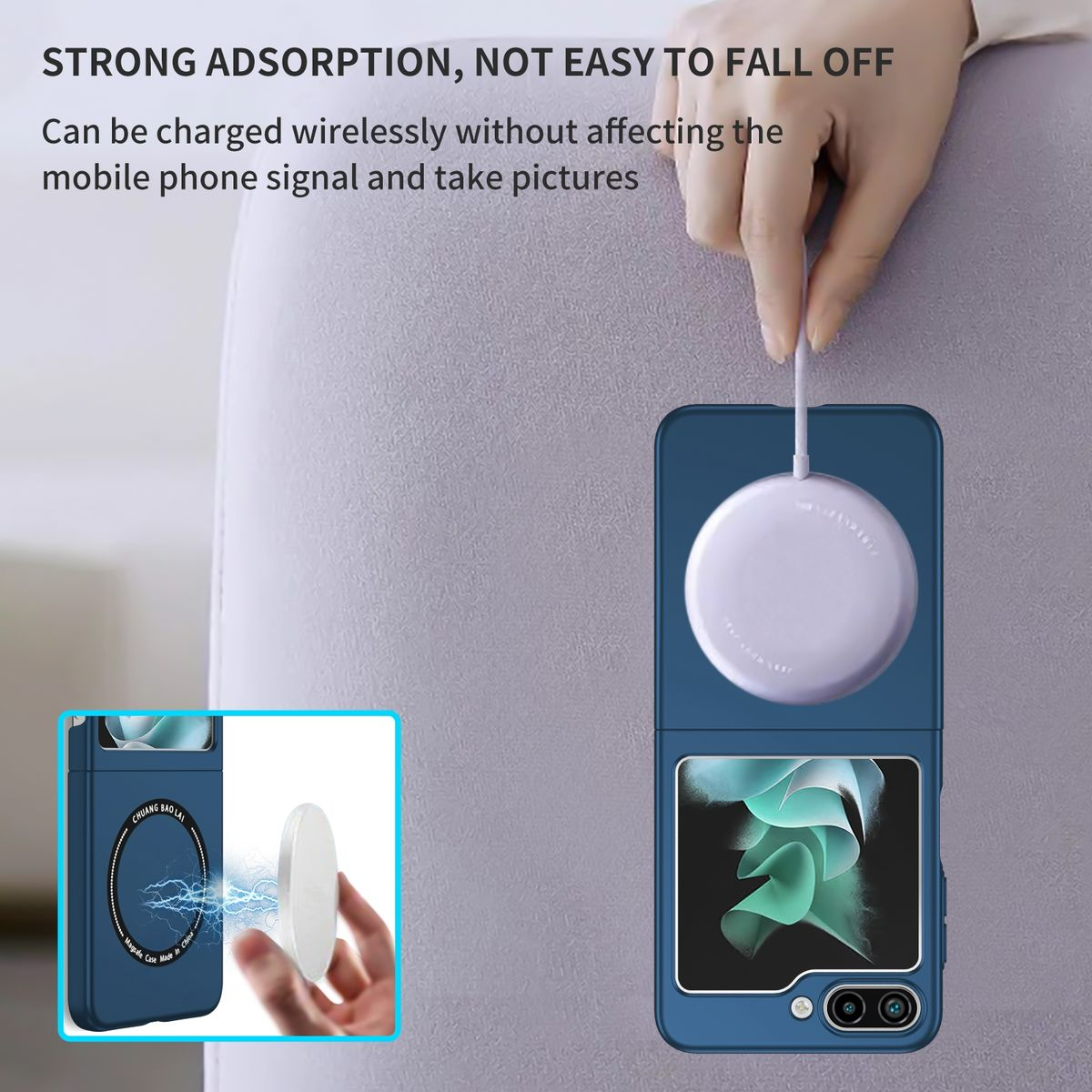 Ein Telefon in einer blauen Hülle wird drahtlos mit einem weißen Ladegerät geladen.
