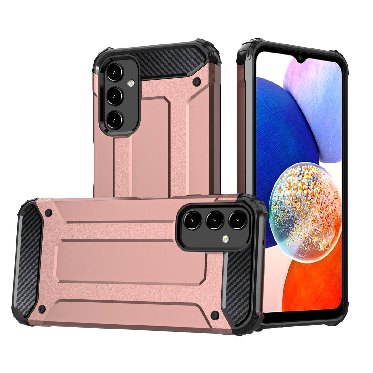 Rosafarbene Handyhülle mit robustem Design. Mehrere Ansichten von Telefon und Hülle.