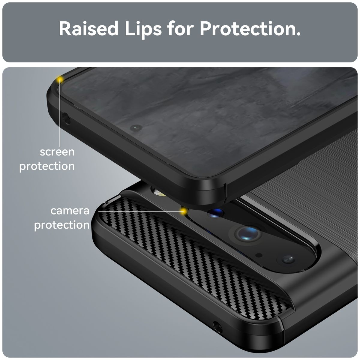 Handyhülle mit Bildschirm- und Kameraschutz. Der Text lautet 'Raised Lips for Protection'.