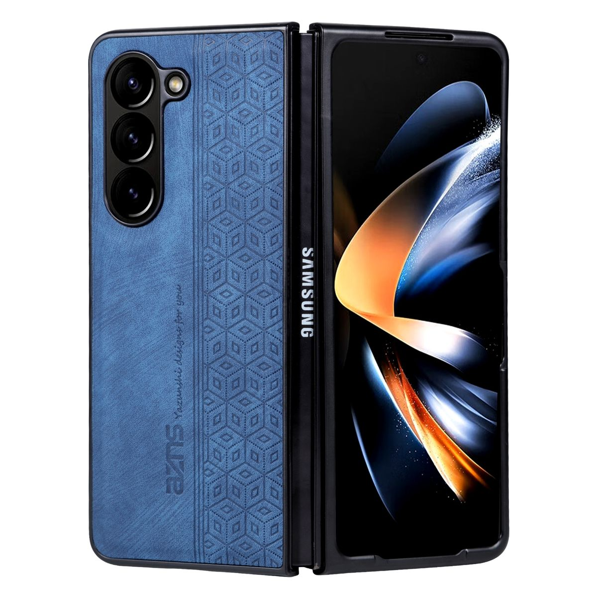 Blaue Handyhülle mit geometrischem Muster, offen, zeigt den Bildschirm des Telefons. Schwarzer Hintergrund.