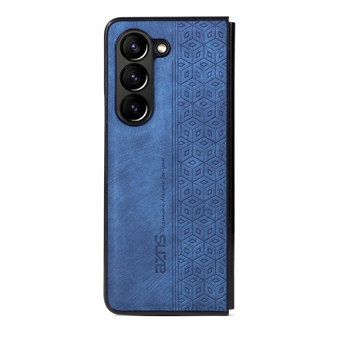Blaue Handyhülle. Das Telefon ist geschlossen. Die Hülle hat ein Rautenmuster.