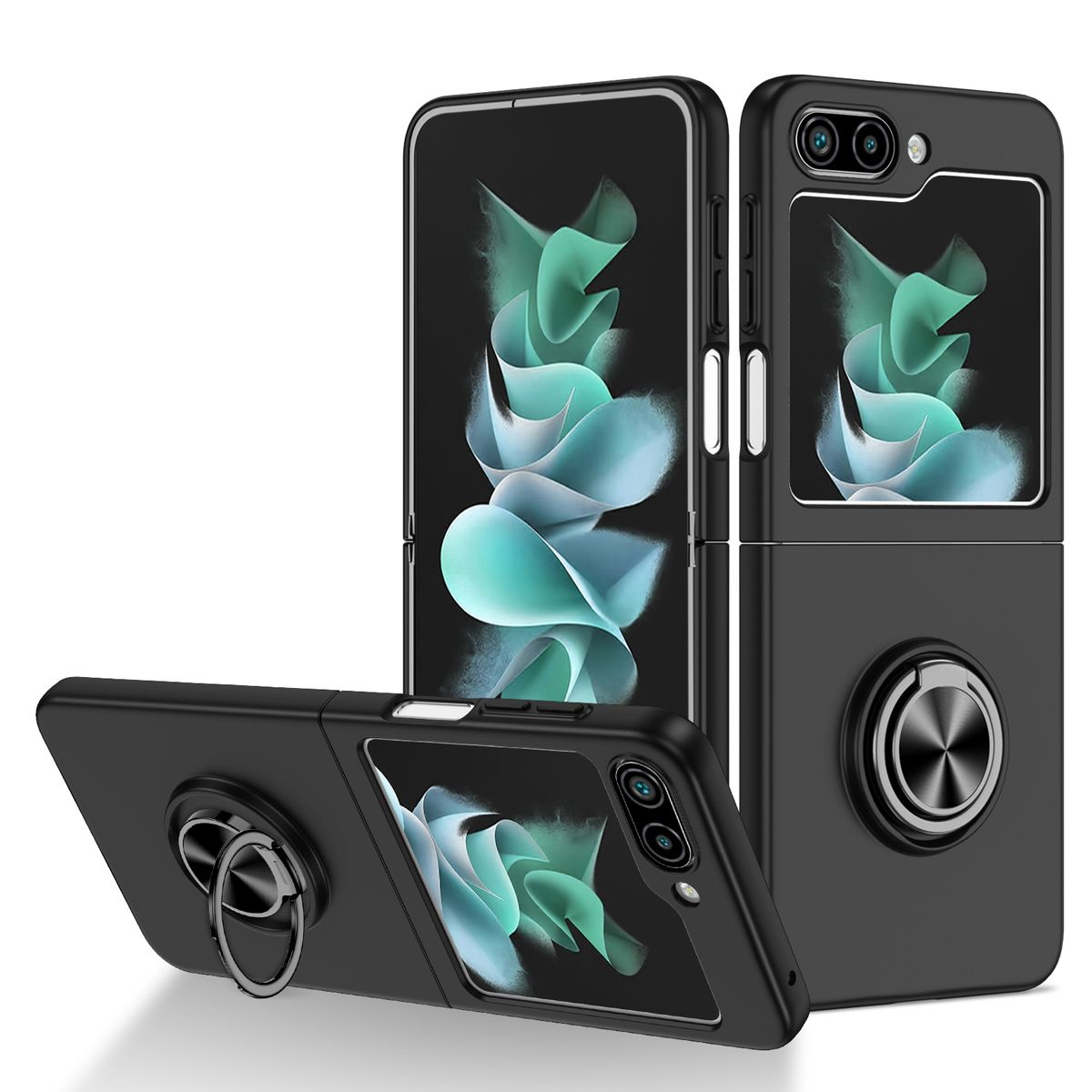 Schwarze Handyhülle, offen und geschlossen. Das Telefon ist schwarz und hat einen Ringhalter. Weißer Hintergrund.