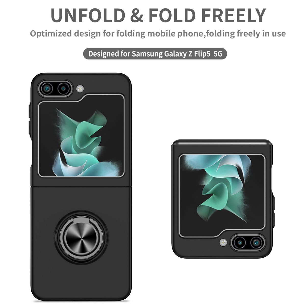 Zwei aufgeklappte Handyhüllen. Eine ist offen, die andere geschlossen. Beide sind schwarz und für das Samsung Galaxy Z Flip5.
