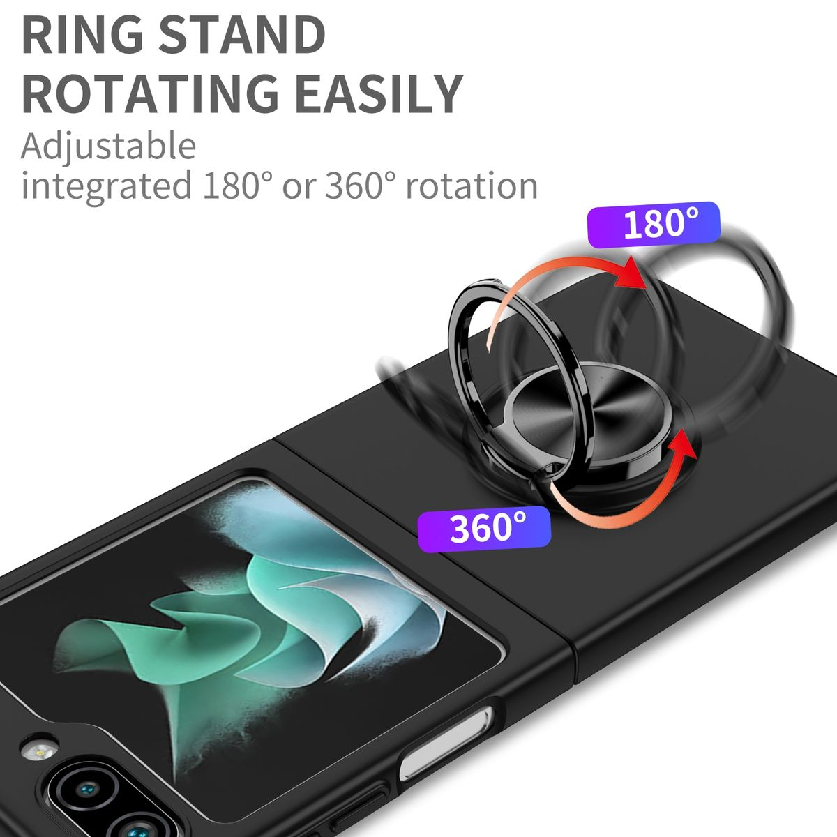 Schwarze Handyhülle mit Ringständer, die 180- und 360-Grad-Rotationsoptionen zeigt.