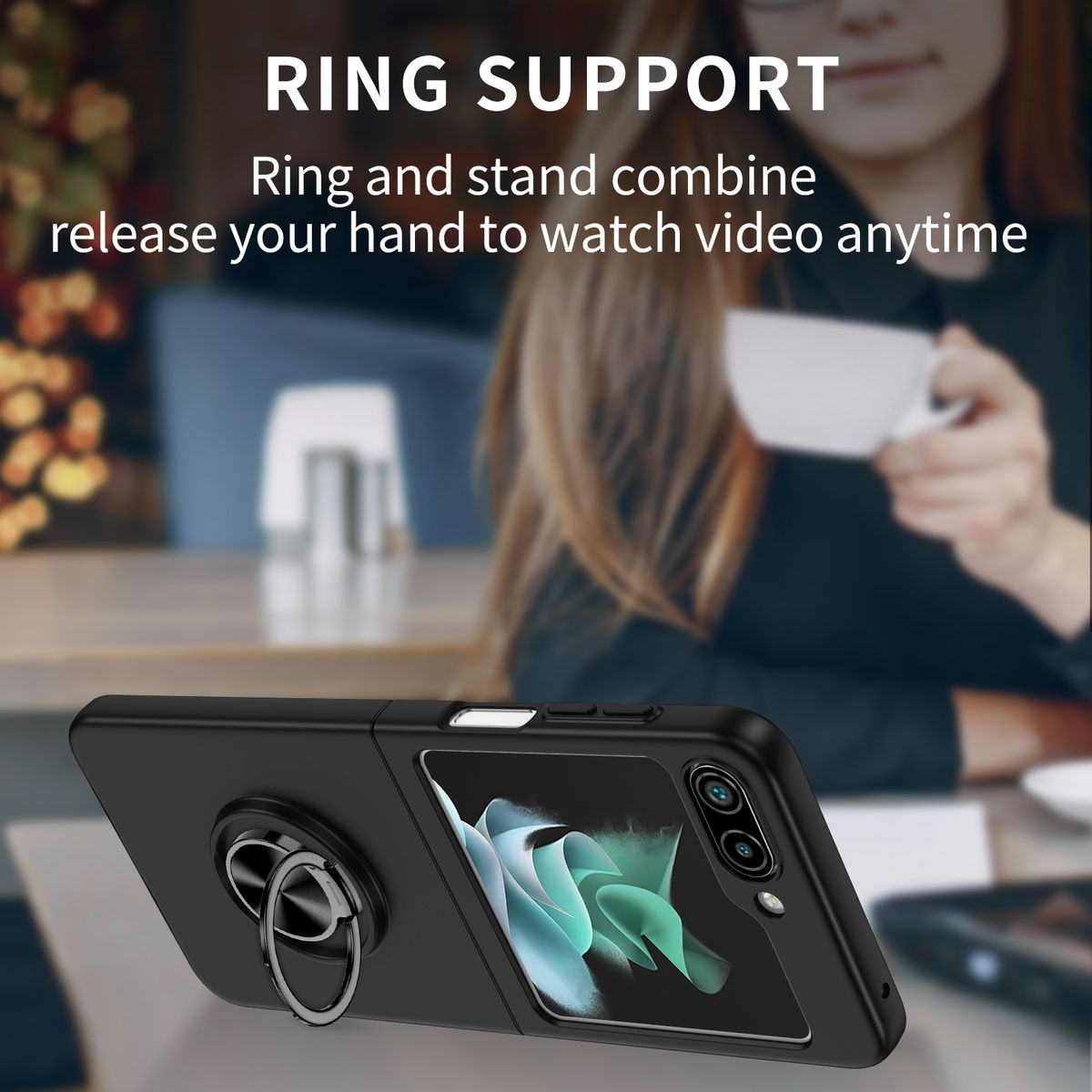 Schwarze Handyhülle mit Ringhalter. Text: RING SUPPORT. Eine Person und eine Kaffeetasse sind im HG unscharf.