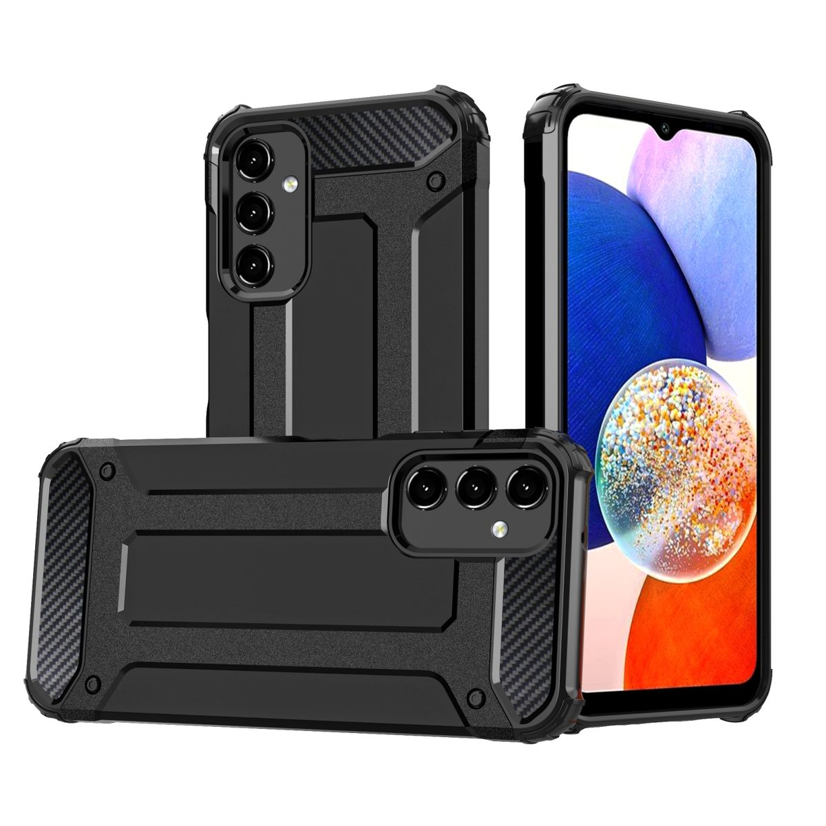 Drei schwarze Handyhüllen werden gezeigt, eine mit einem Telefon darin. Die Hülle ist robust und bedeckt das Telefon.