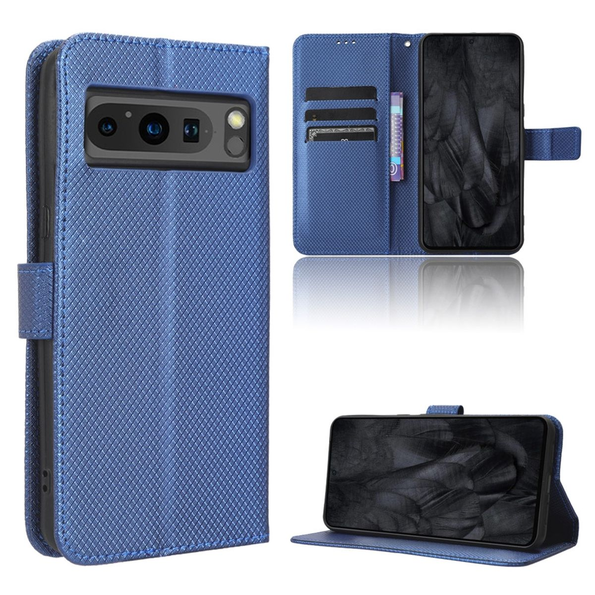 Blaue Handyhülle mit strukturiertem Muster. Das Telefon ist im Inneren. Mehrere Ansichten der Hülle werden gezeigt.