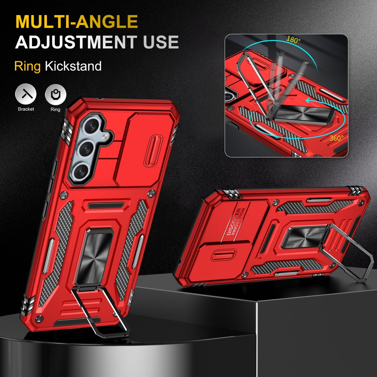Rote Handyhülle mit Ring-Kickstand. Multi-Winkel-Einstellung. Zeigt ein Telefon mit offenem Ring-Kickstand.