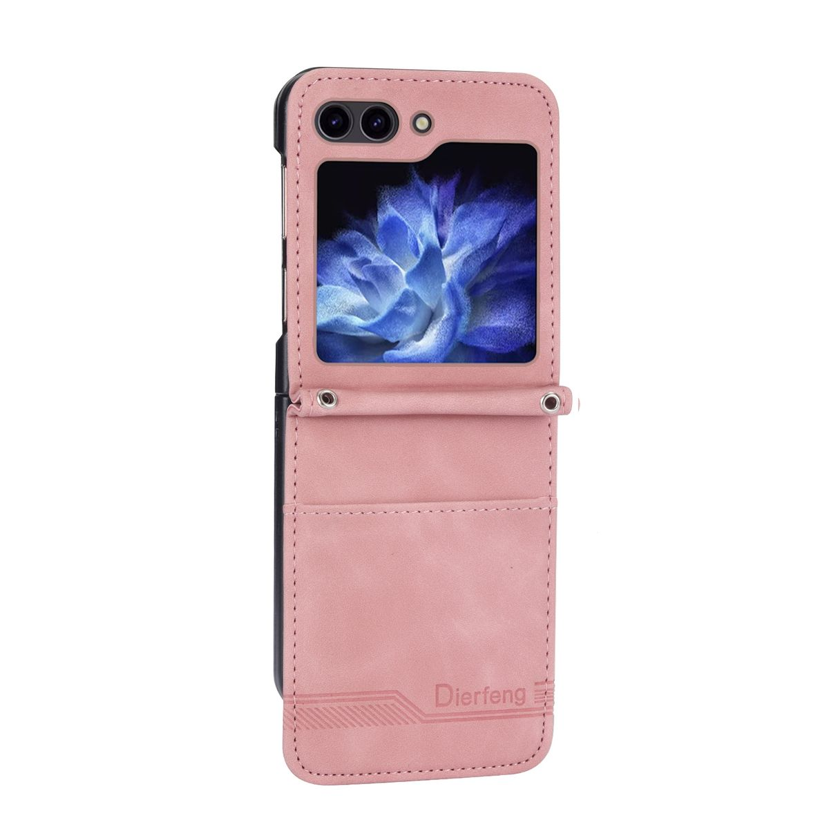 Eine pinke Handyhülle offen, mit Telefon. Das Telefon zeigt ein blaues Blumenbild.