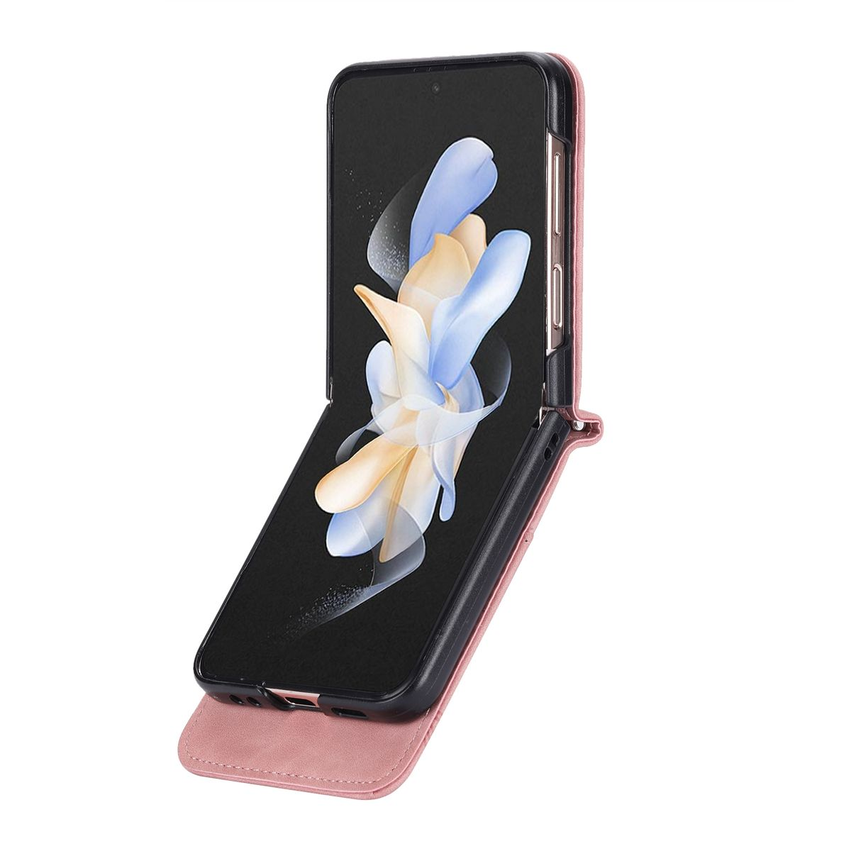 Rosa Handyhülle geöffnet, zeigt einen Telefonbildschirm mit einem Blumenbild.