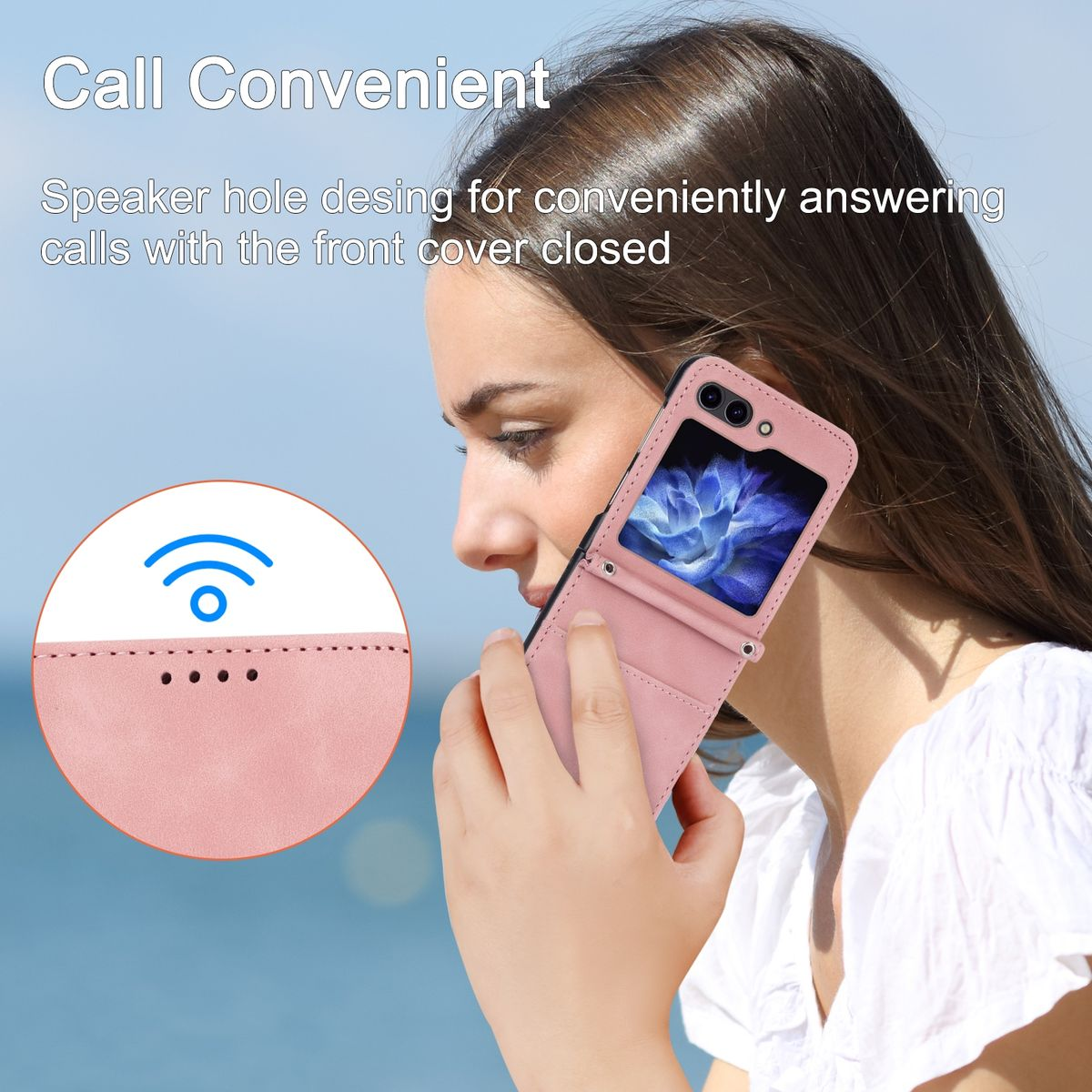 Eine rosa Handyhülle ist geöffnet und zeigt einen Telefonbildschirm. Es hat ein Lautsprecherloch und eine Frontabdeckung.