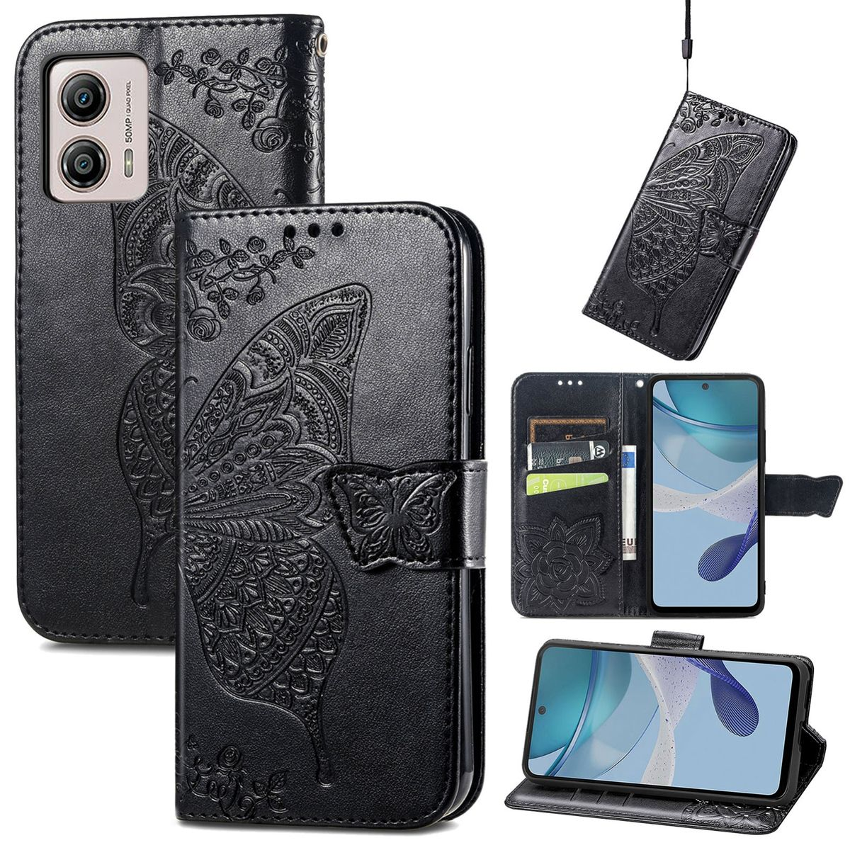 Schwarze Leder-Handyhülle mit geprägtem Schmetterlingsdesign. Telefon offen, geschlossen und mit Riemen dargestellt.