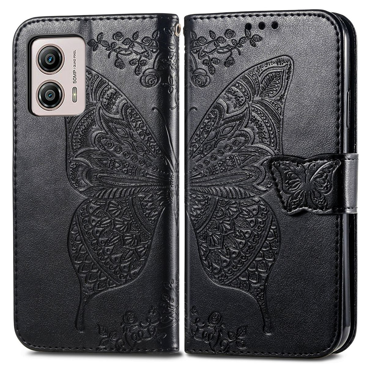 Schwarze Handyhülle mit Schmetterlingsdesign, geöffnet, um das Telefon zu zeigen. Das Telefon hat eine Kamera.