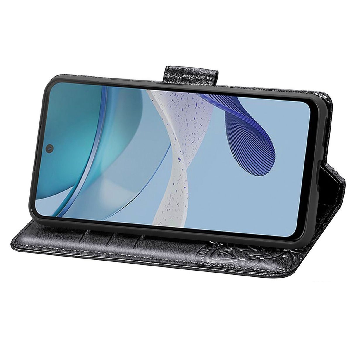 Schwarze Handyhülle mit einem Telefon, das ein blaues und weißes abstraktes Bild zeigt.