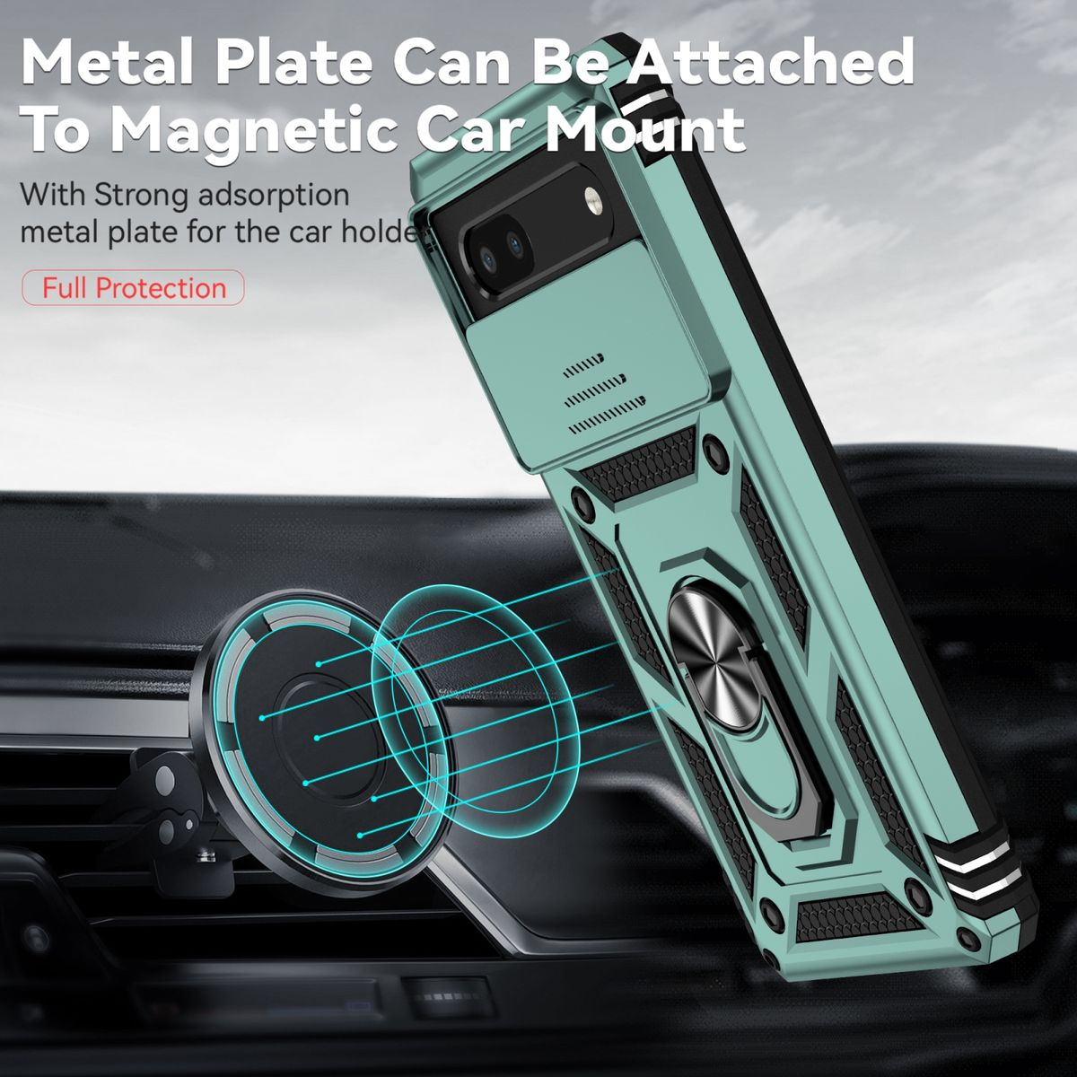 Grüne Handyhülle mit magnetischer Autohalterung, mit Telefon darin, zeigt das Design.