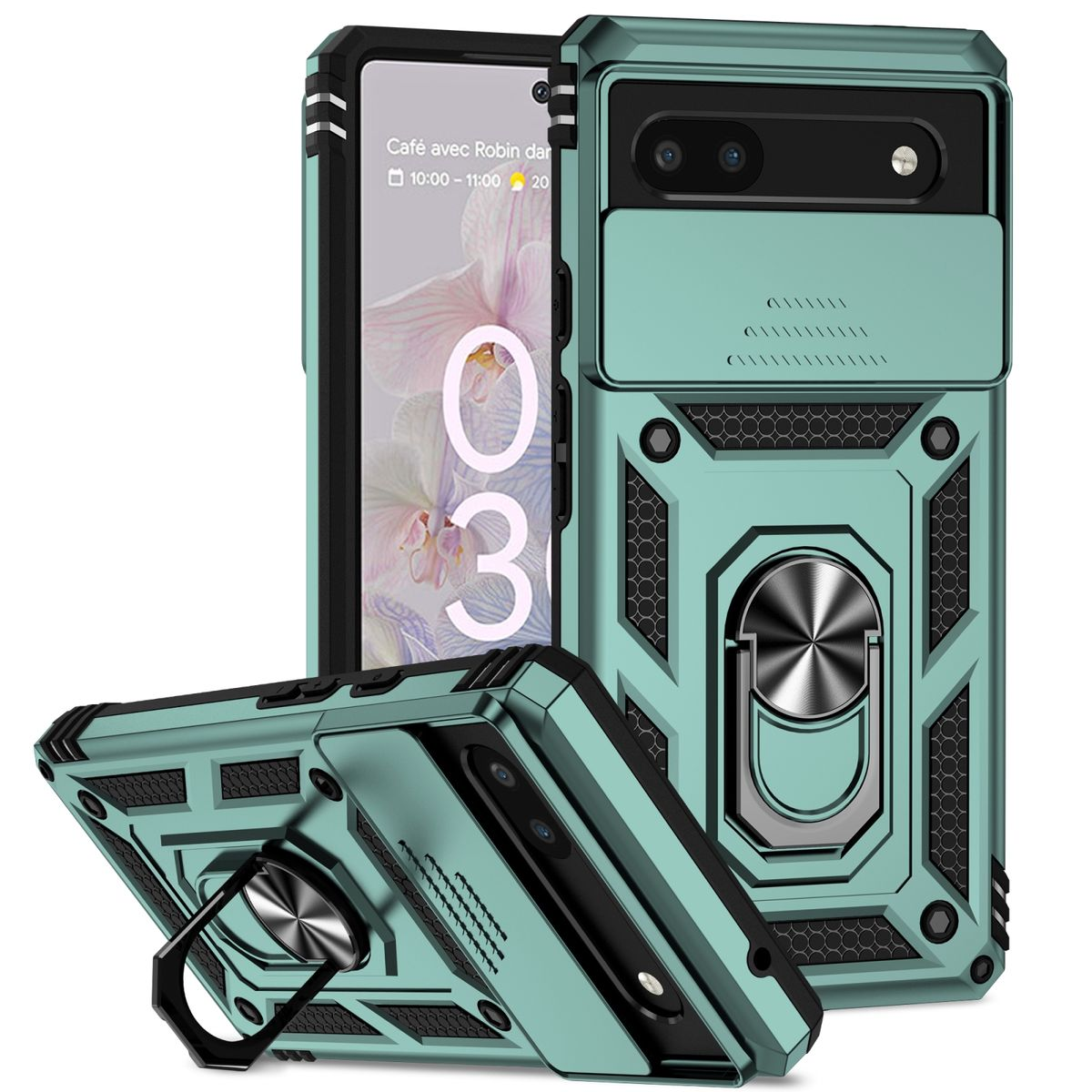 Grüne Handyhülle mit mehreren Winkeln, die das Design zeigen, und ein Telefon darin auf weißem Hintergrund.