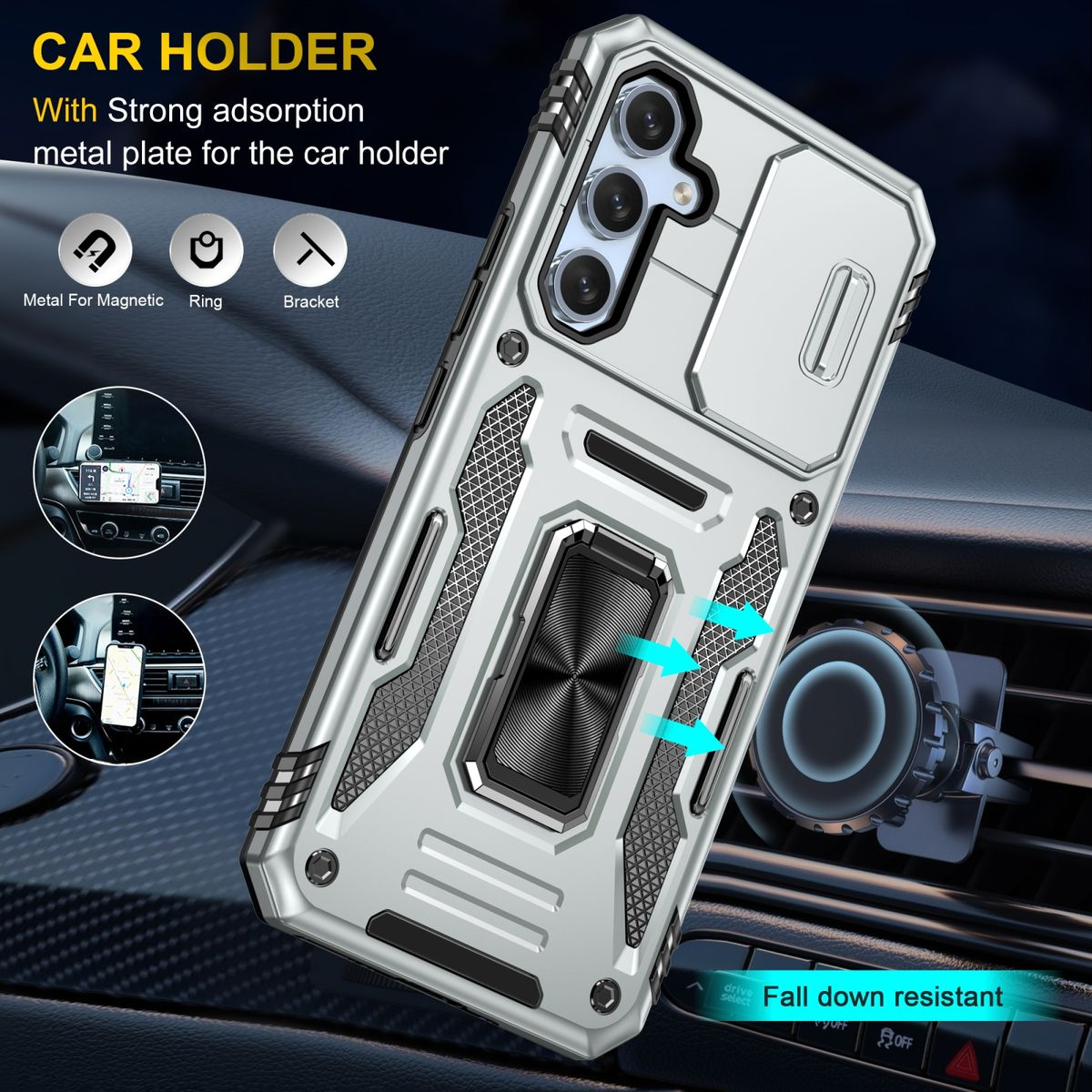 Eine silberne Handyhülle mit Ringhalter auf dem Armaturenbrett eines Autos. Pfeile zeigen die Funktionen.
