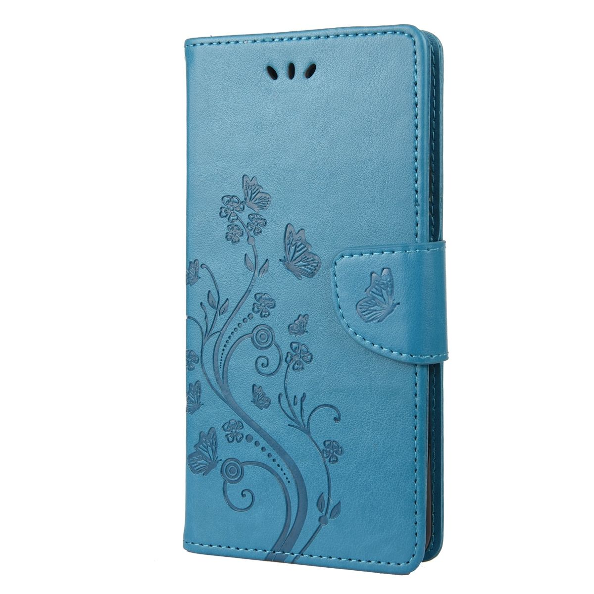 Blaue Handyhülle mit Schmetterlingsdesign und Verschluss.