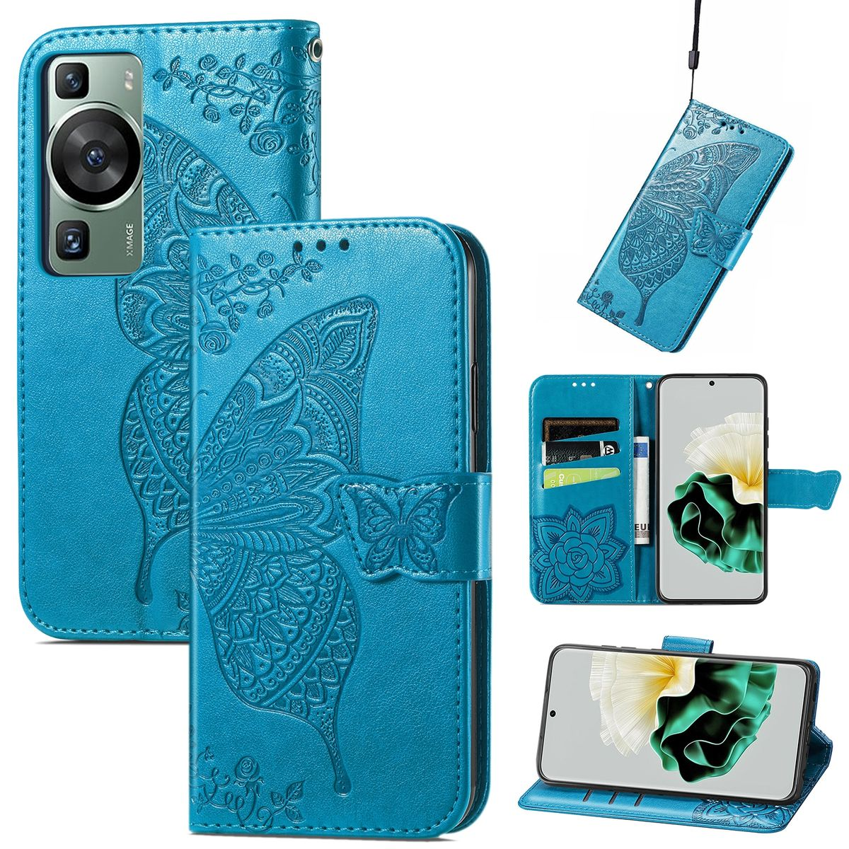 Eine blaue Handyhülle mit Schmetterlingsdesign, offen und geschlossen, mit Telefon.