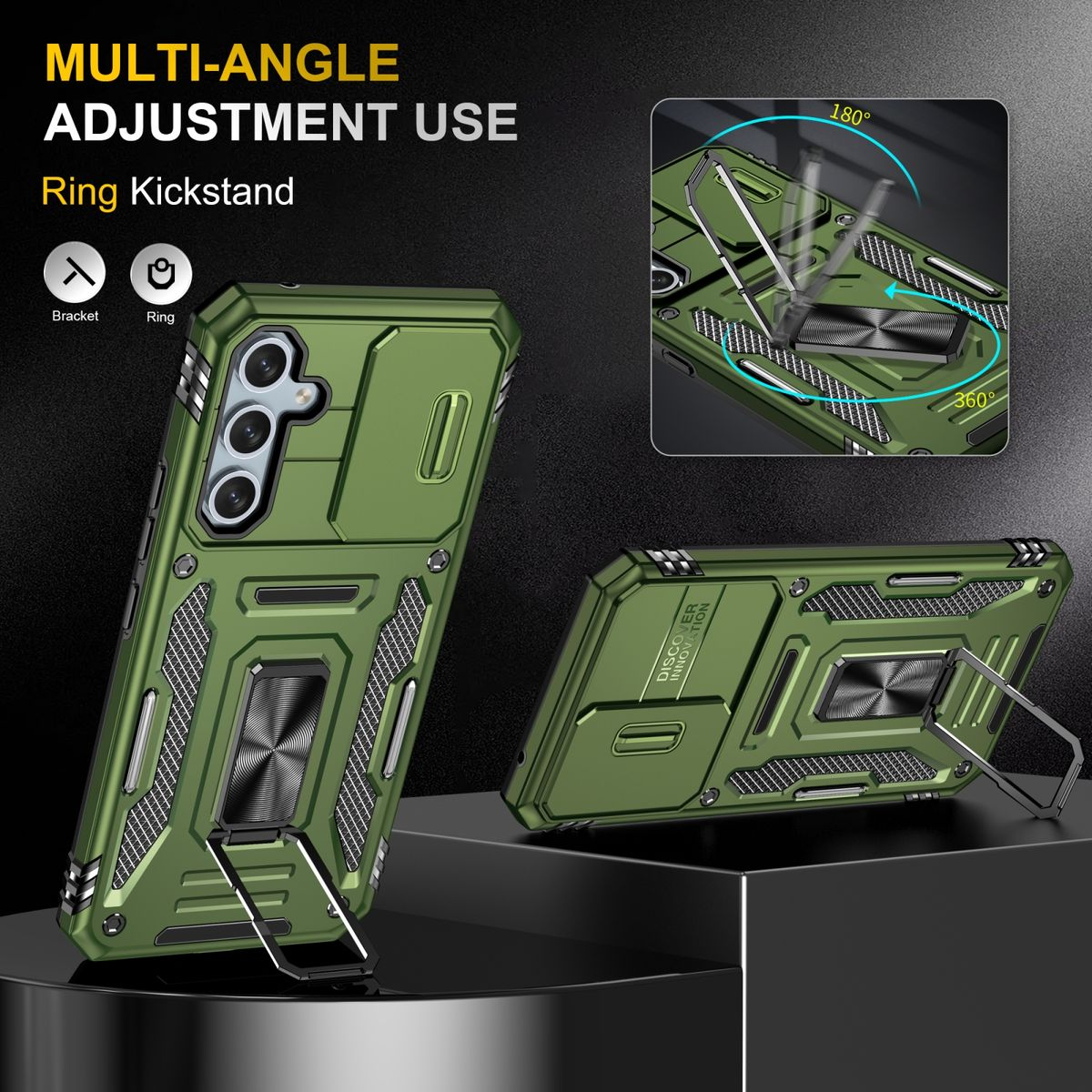 Grüne Handyhülle mit Ring-Kickstand, Multi-Winkel-Einstellung.