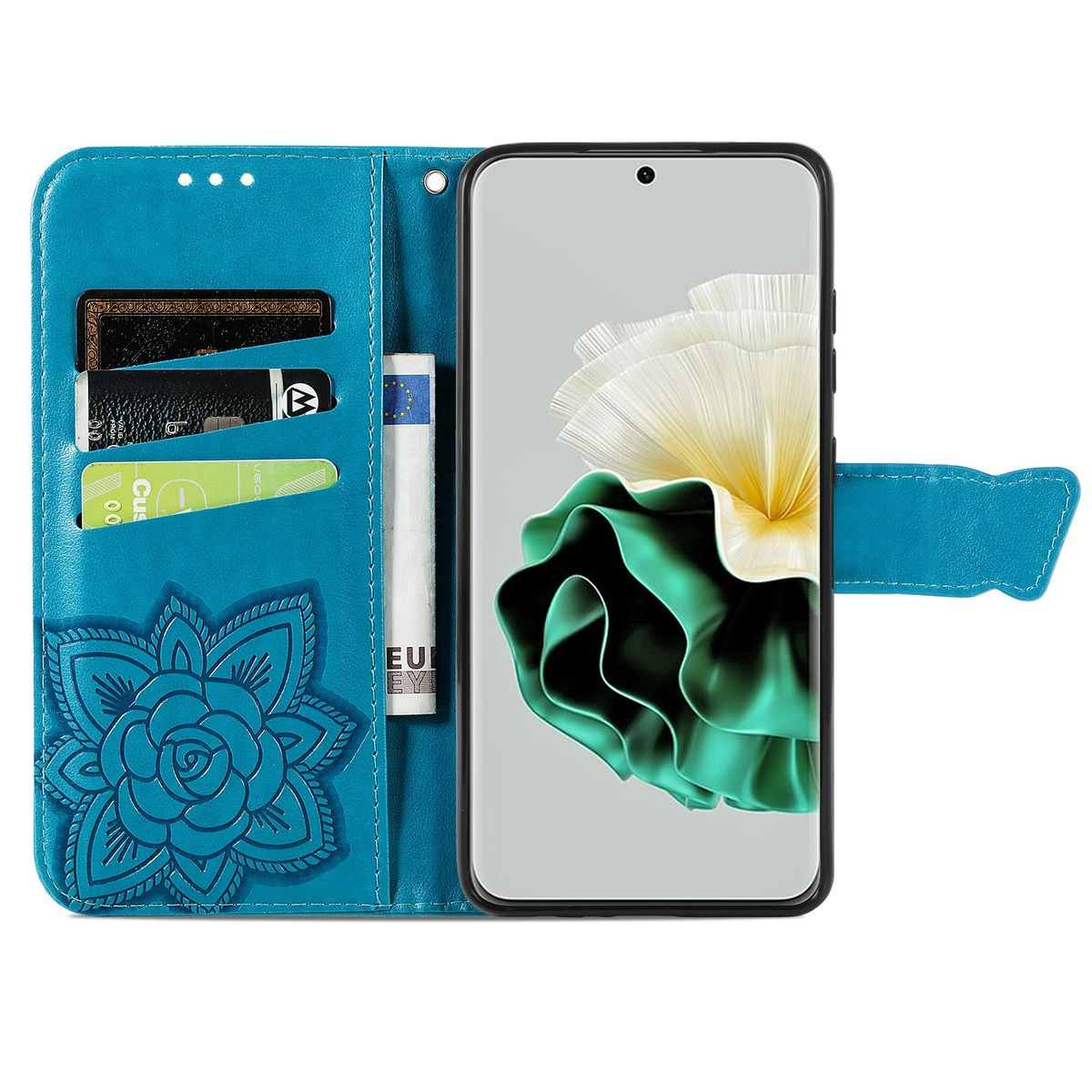 Eine blaue Leder-Handyhülle geöffnet, mit Karten und einem Telefon, das ein Blumenbild zeigt.