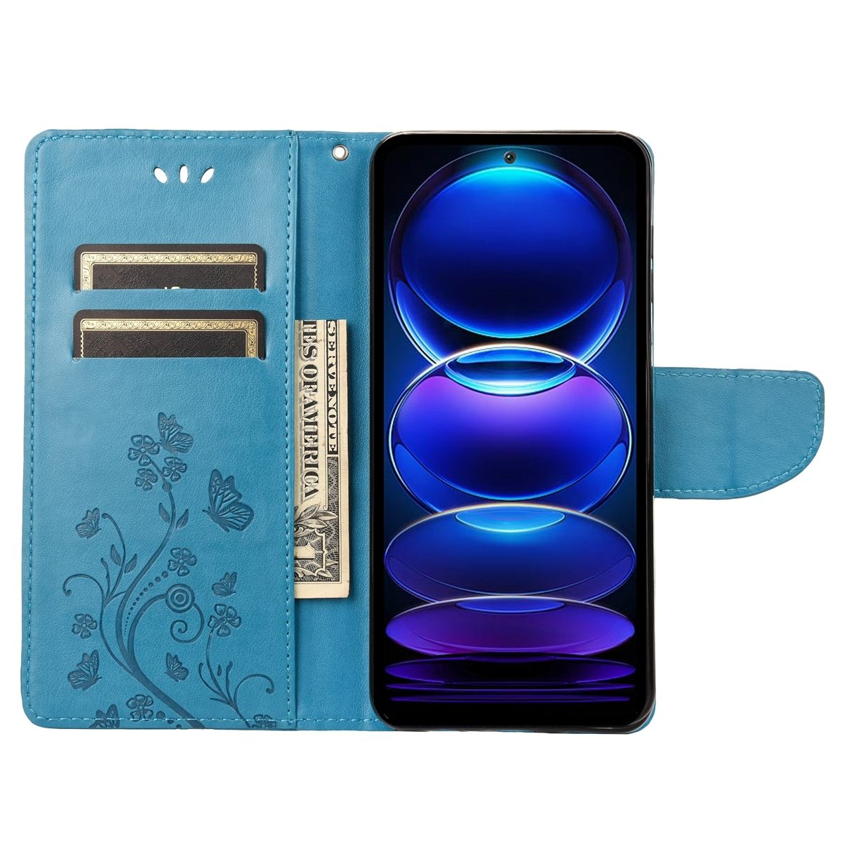Blaue Handyhülle mit blauem Telefon. Es gibt einen Geldschein in der Hülle.