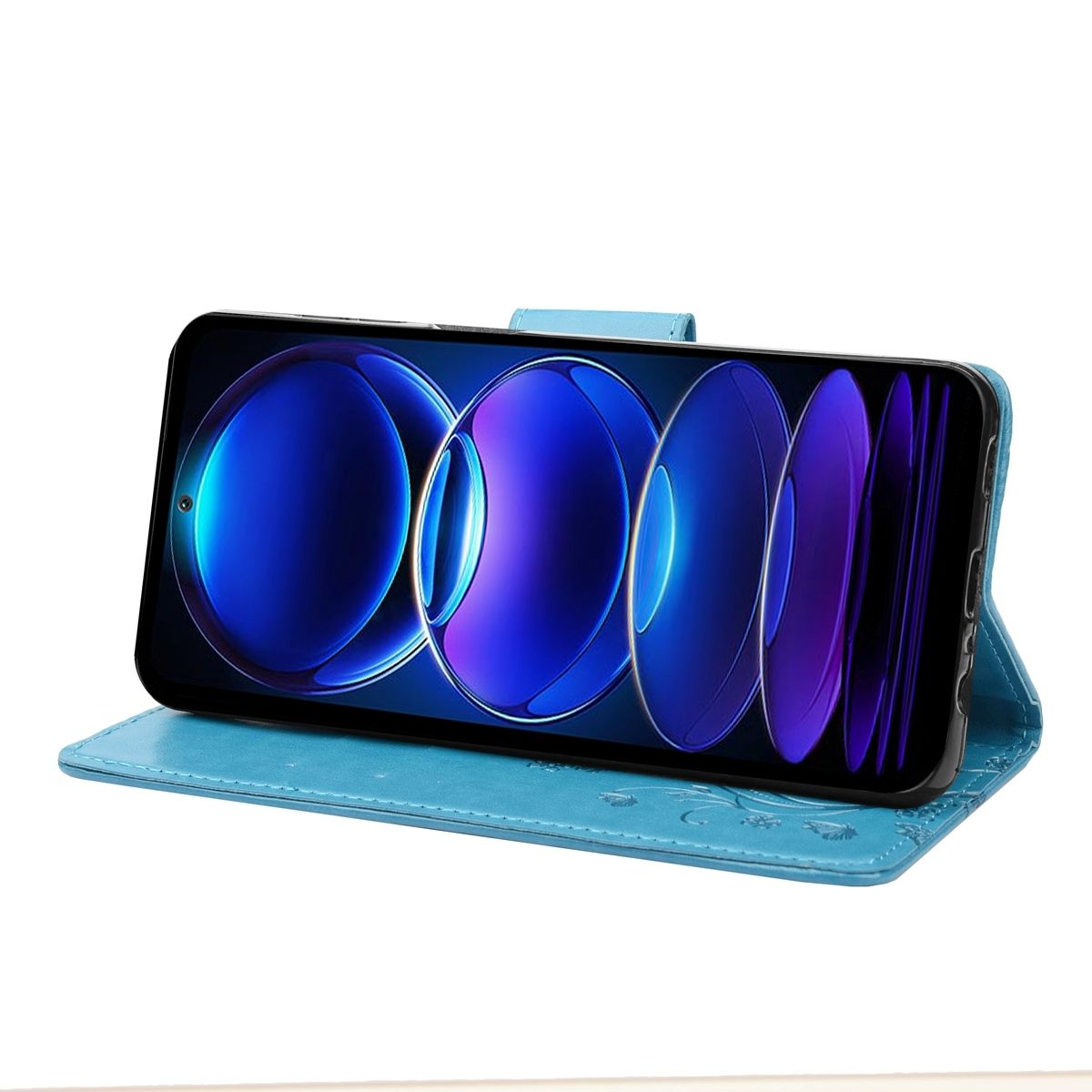 Ein Telefon in einer blauen Lederhülle. Die Hülle ist offen und das Telefon zeigt ein blaues Bild.