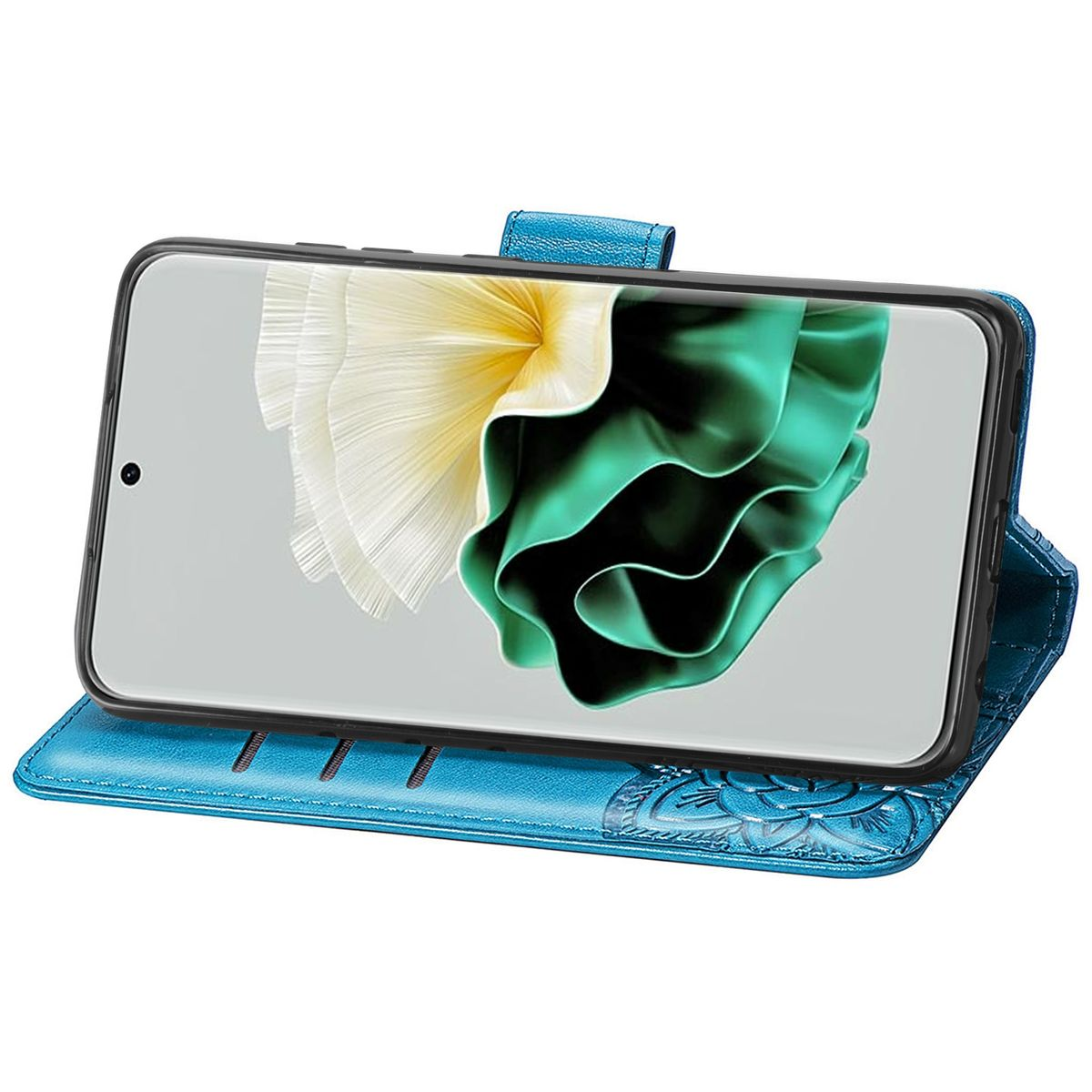 Eine blaue Handyhülle mit Blumendesign. Der Telefonbildschirm ist sichtbar.