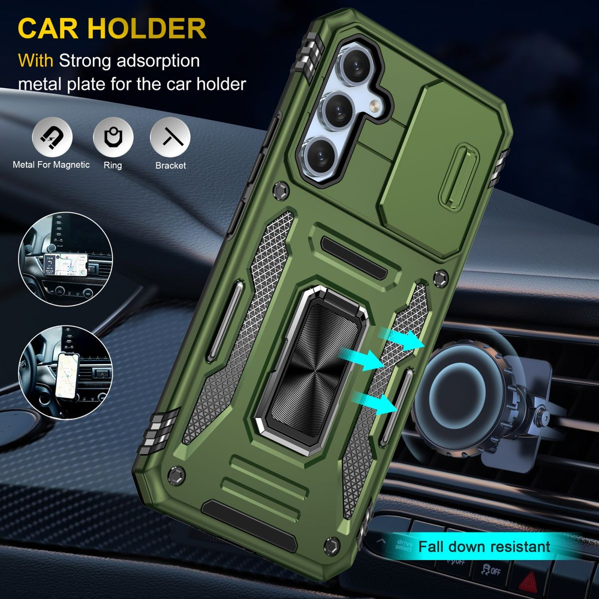 Grüne Handyhülle in einer Autohalterung, mit Metallring und Pfeilen. Auto-Innenraum im Hintergrund.
