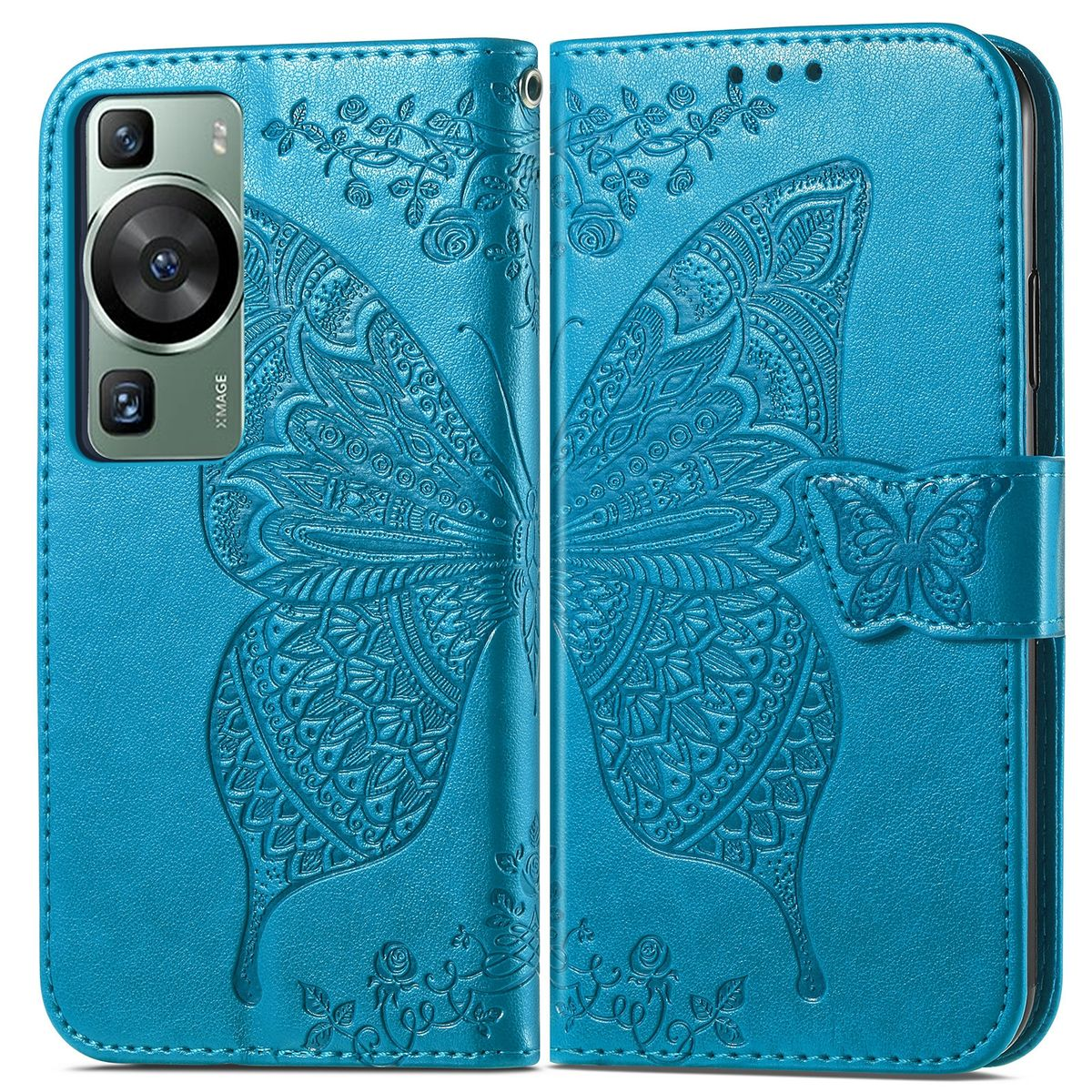 Blaue Handyhülle mit Schmetterlingsdesign. Die Hülle ist offen. Der Schmetterling ist geprägt.