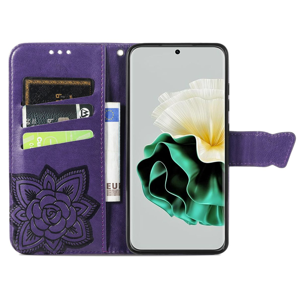 Eine lila Handyhülle mit floralem Design, die ein Telefon und Karten hält, im Brieftaschenstil.