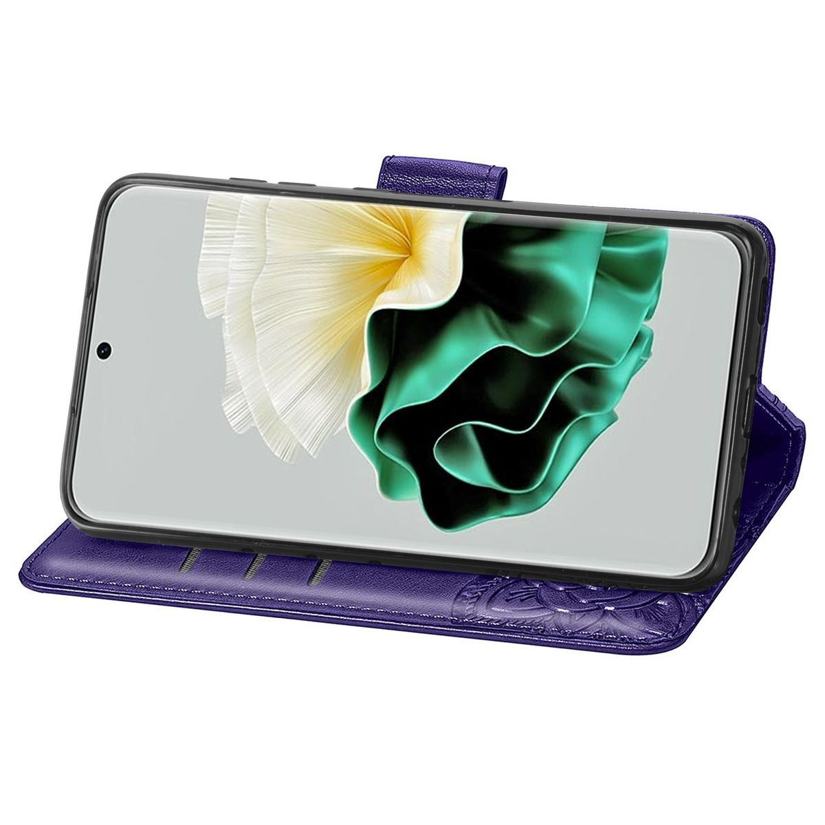Telefon in lila Wallet-Case, aufgeklappt. Der Bildschirm zeigt ein Bild.
