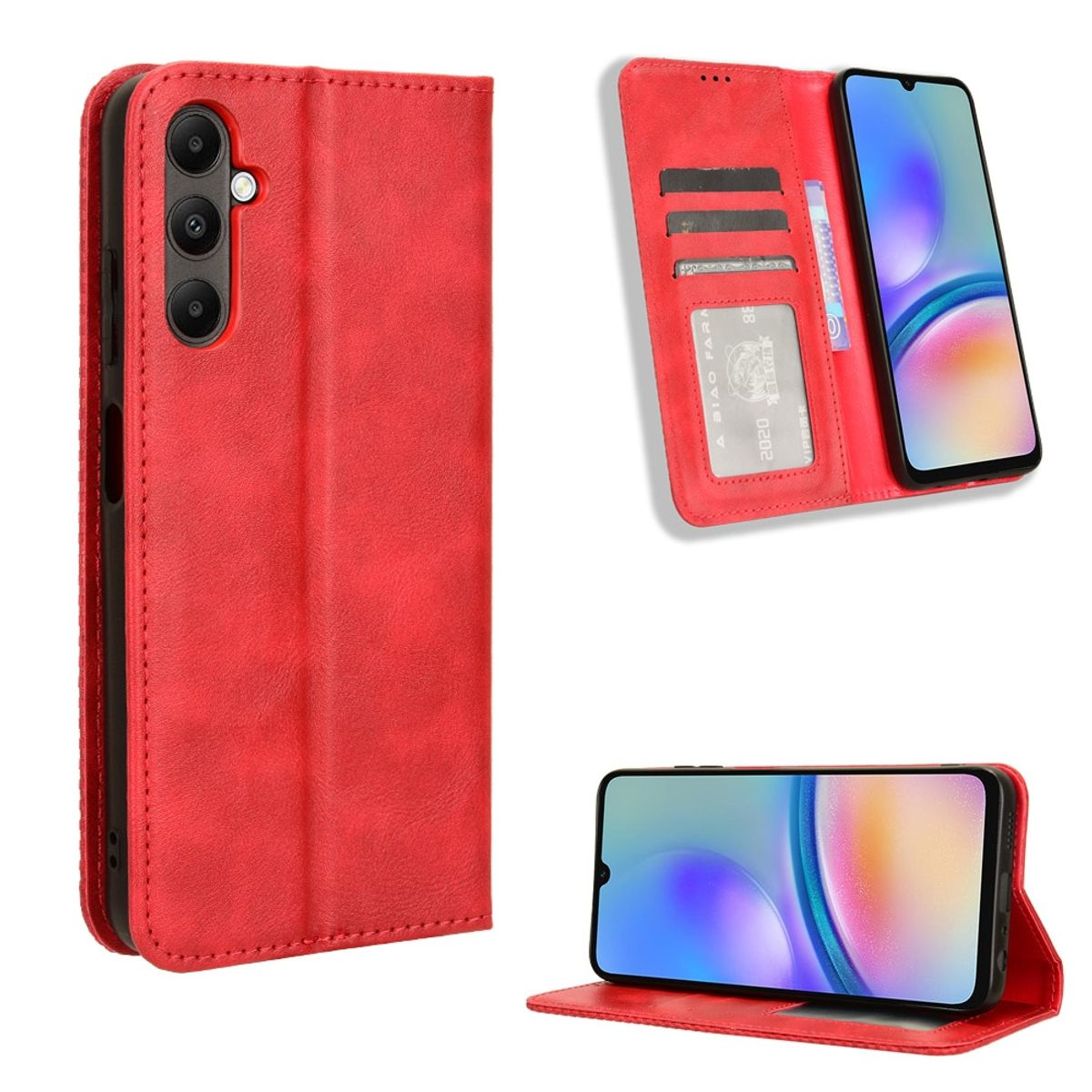Rote Handyhülle im Brieftaschenstil mit Kartenfächern und einem Telefon im Inneren. Mehrere Ansichten der Hülle.
