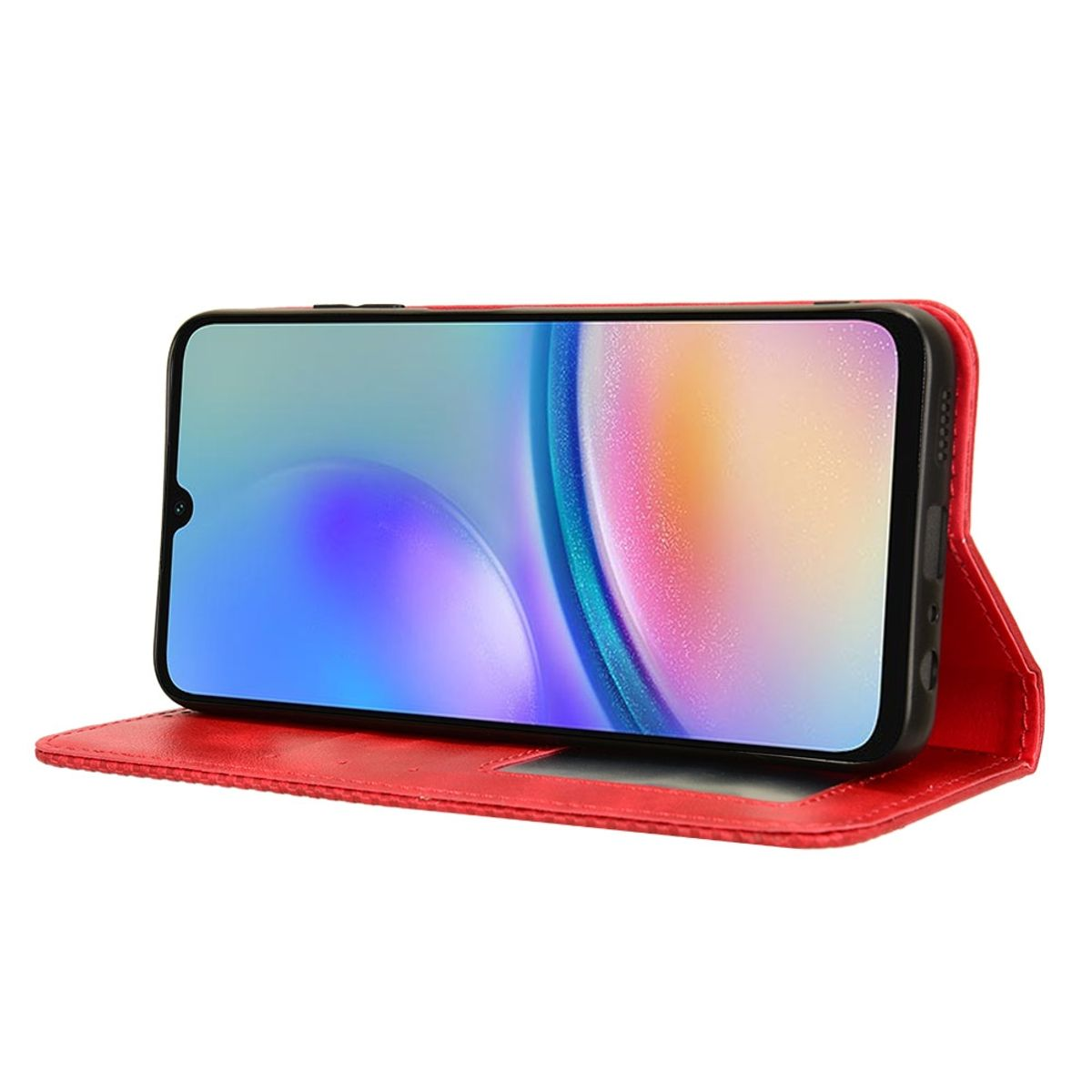 Rote Handyhülle mit Telefon darin. Es ist eine Brieftaschenhülle, die geöffnet ist, um das Telefon anzuzeigen.