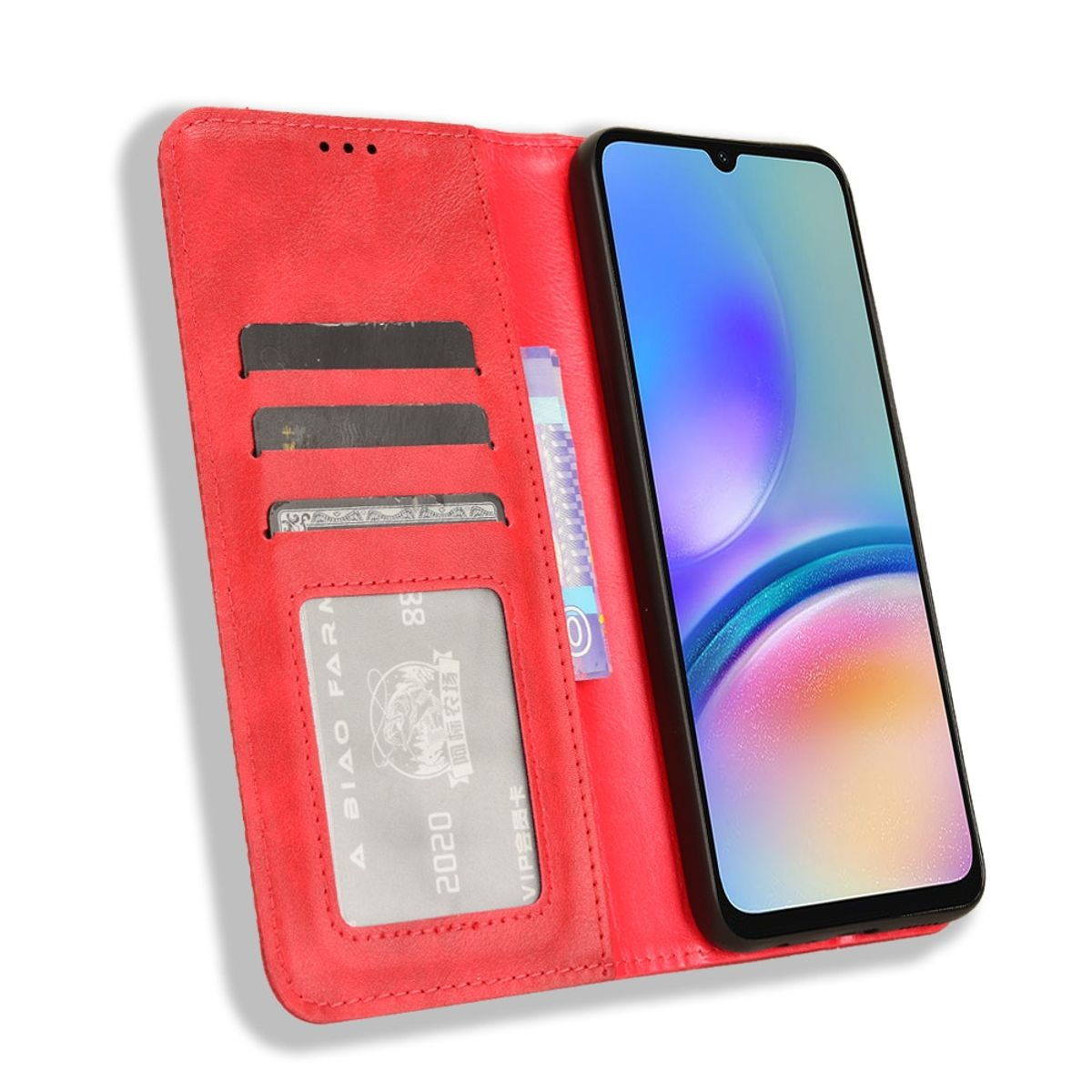 Eine rote Handyhülle mit Telefon, zeigt blauen Bildschirm und Karten.