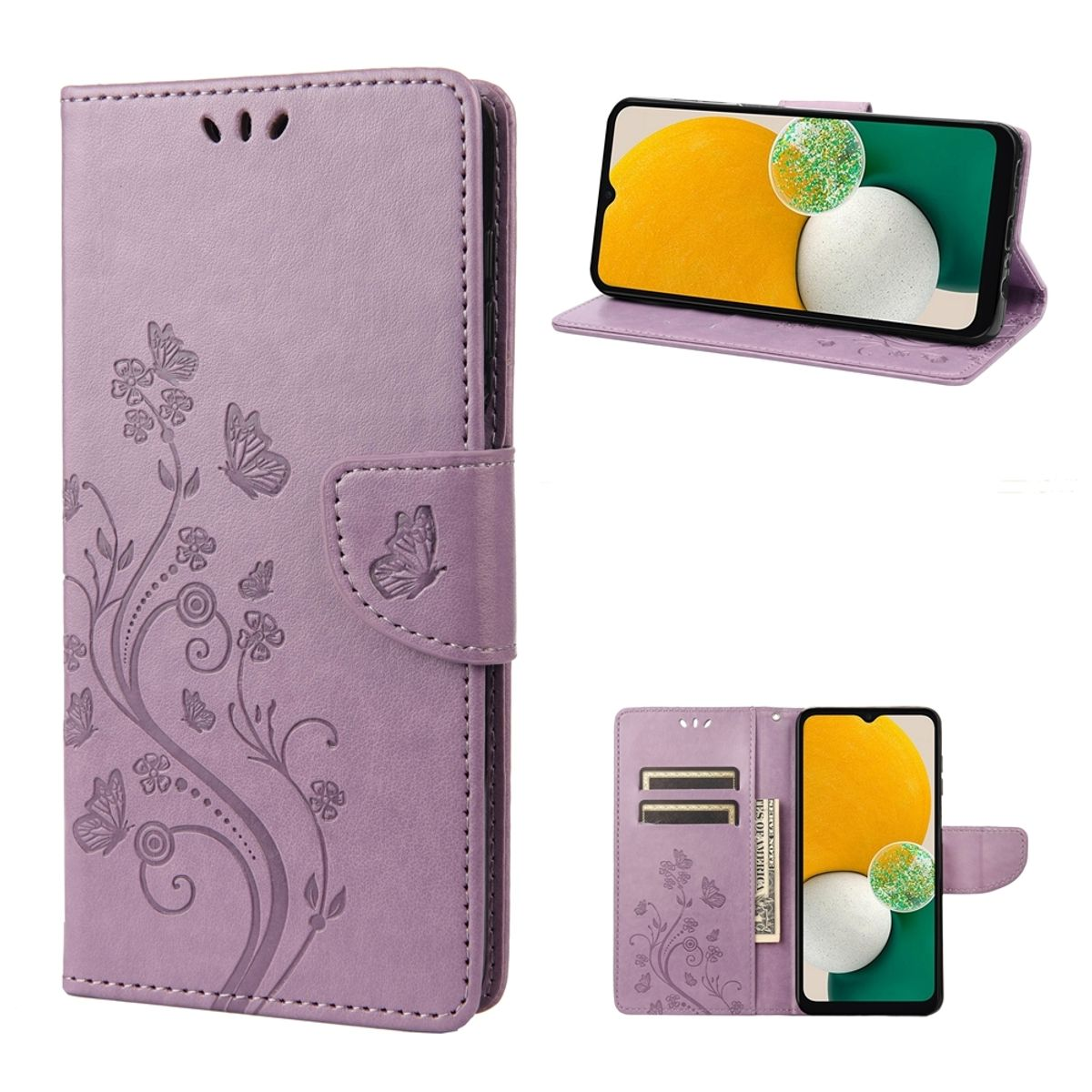 Lila Handyhülle mit Schmetterlings- und Blumendesign. Mehrere Ansichten zeigen die Hülle offen und geschlossen mit Telefon.