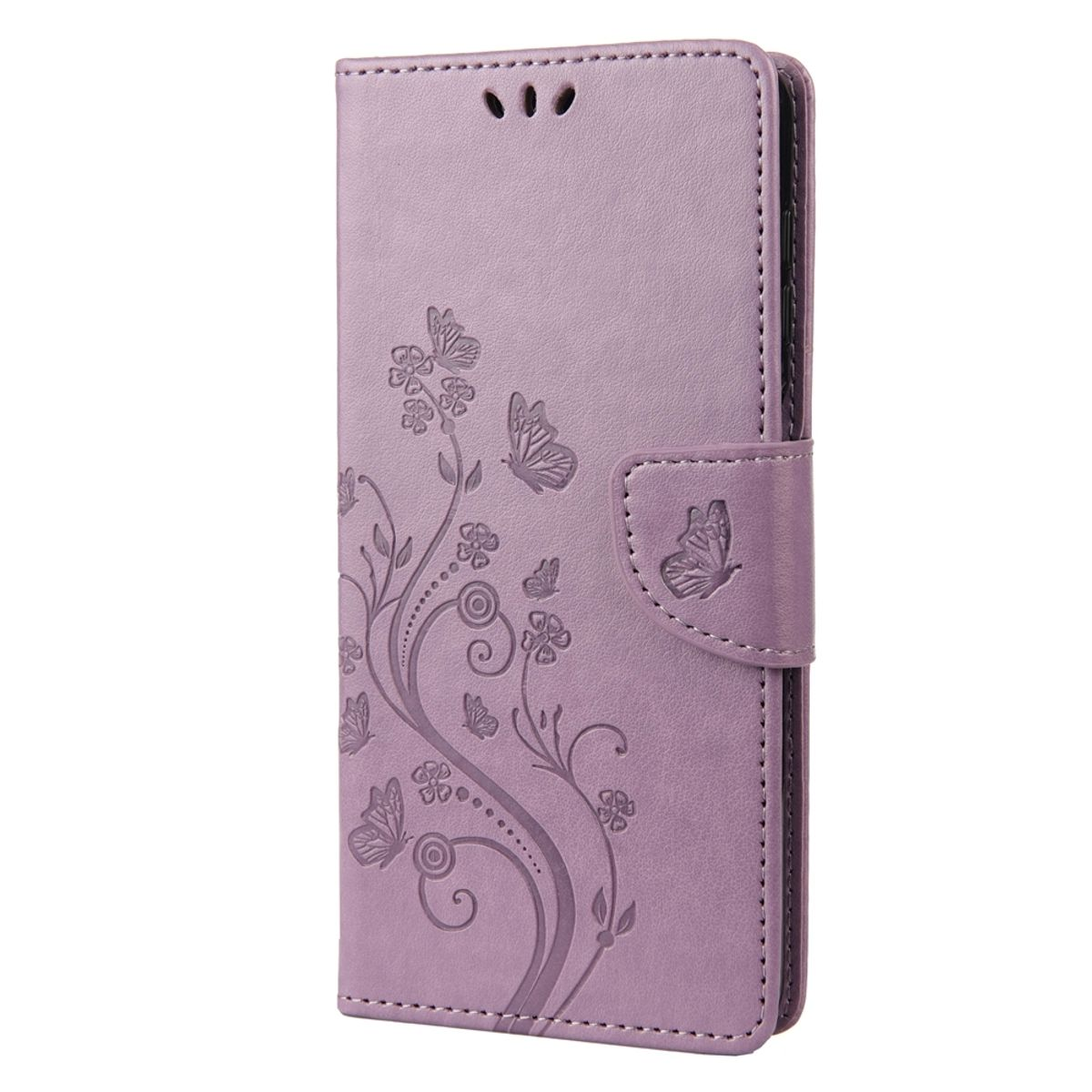 Lila Handyhülle mit Schmetterlings- und Blumendesign. Die Hülle hat einen Schnappverschluss.