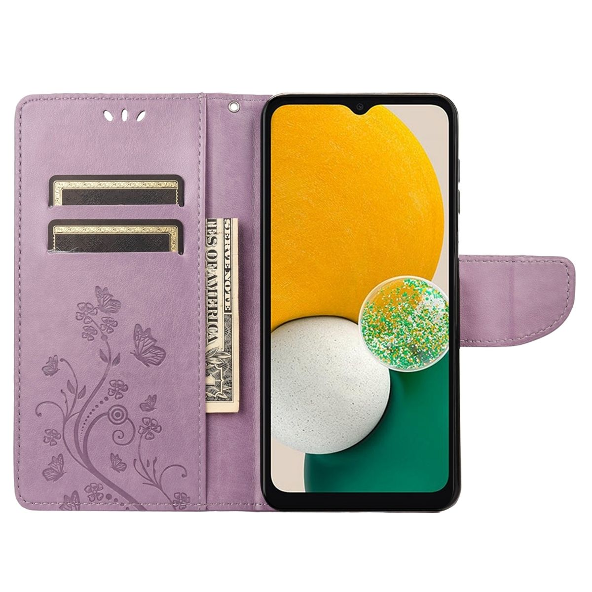 Lila Handyhülle mit Telefon darin. Es hat Kartenfächer, Geld und dekoratives Blumendesign.